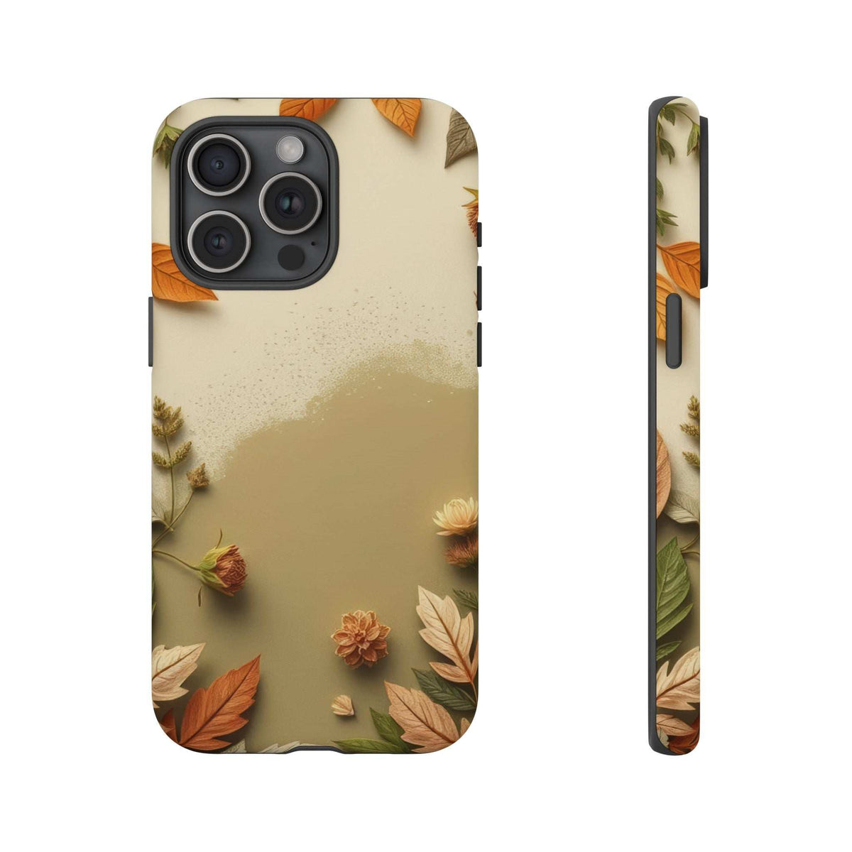 Phone case with beige autumn leaves and floral accents, camera cutout and protective corners