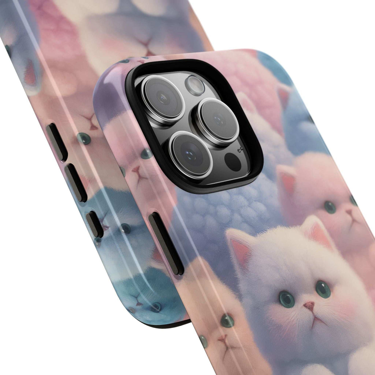Glossy pastel kitten phone case with raised camera protection and cat face artwork