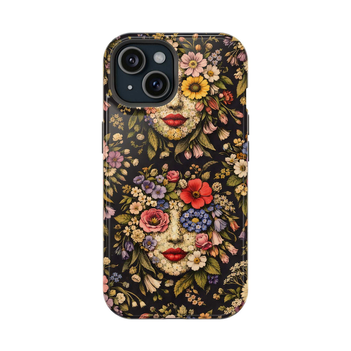 iPhone 13-17 phone case front view with vintage floral face pattern on dark