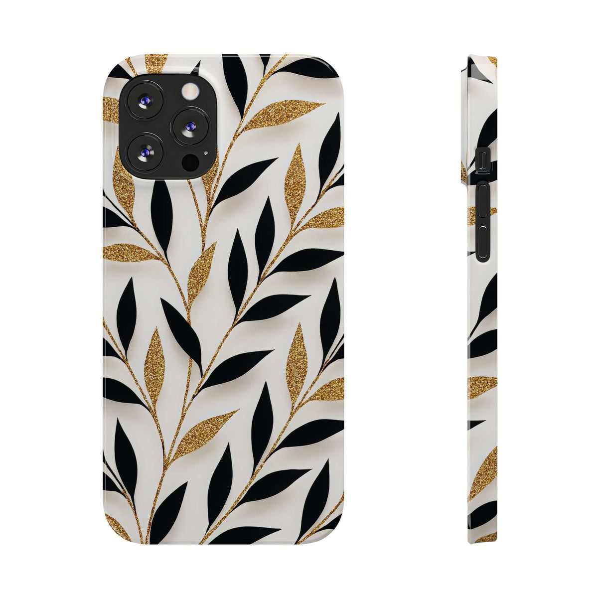 White phone case featuring black botanical sprigs and gold glitter leaf accents with camera openings.