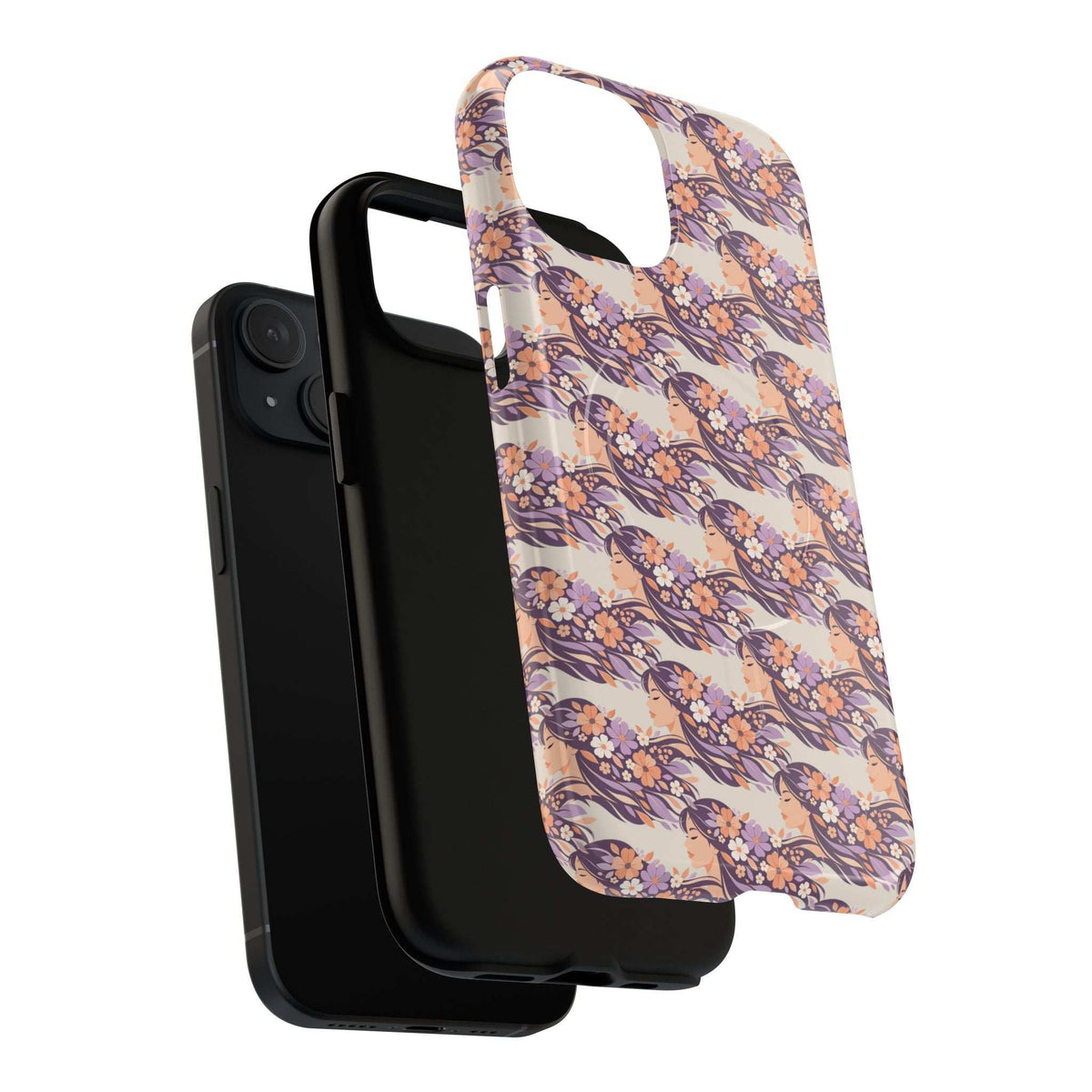 Floral phone case with peach and purple blossoms, raised camera and screen cutouts