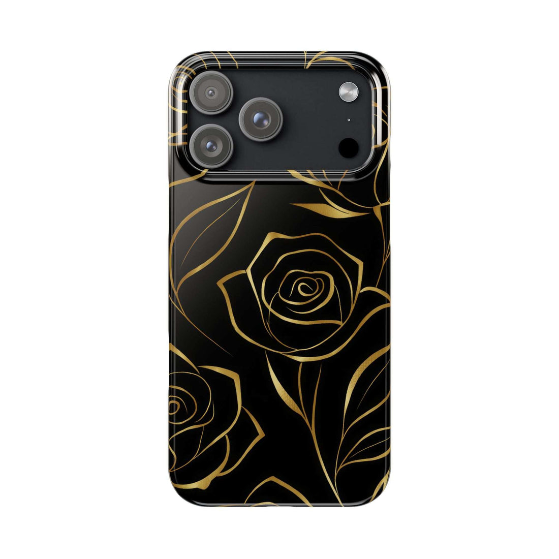 Black iPhone case with gold rose pattern and centered triple-camera cutouts.