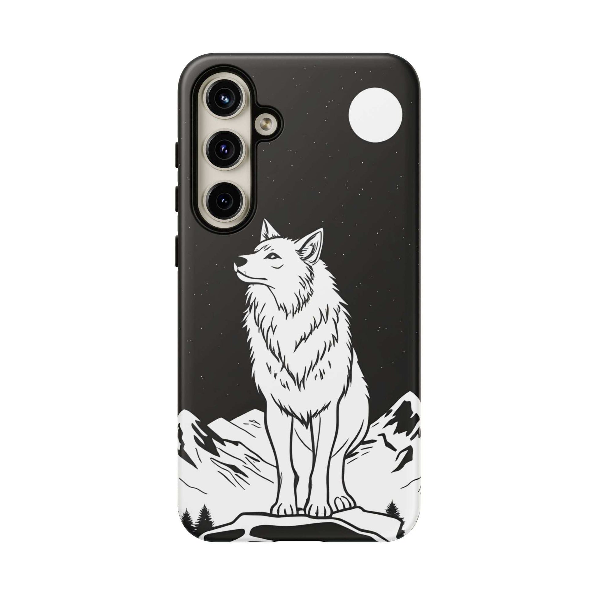 Black wolf-themed phone case with starry background and camera cutouts on front