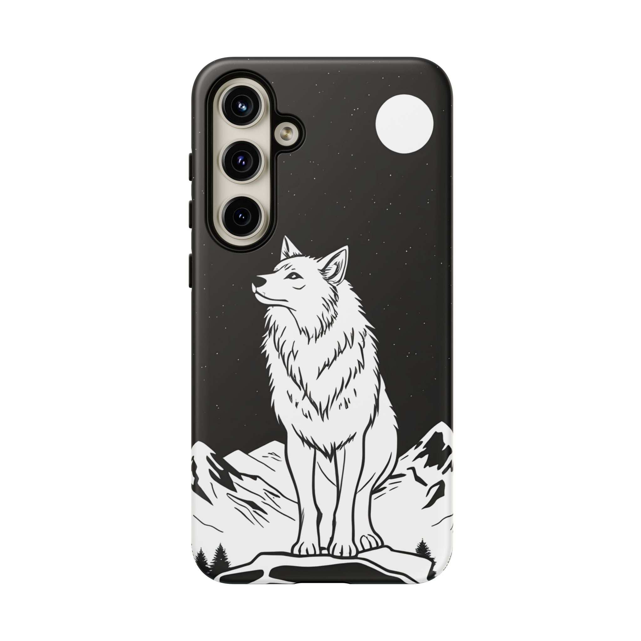 Black wolf-themed phone case with starry background and camera cutouts on front