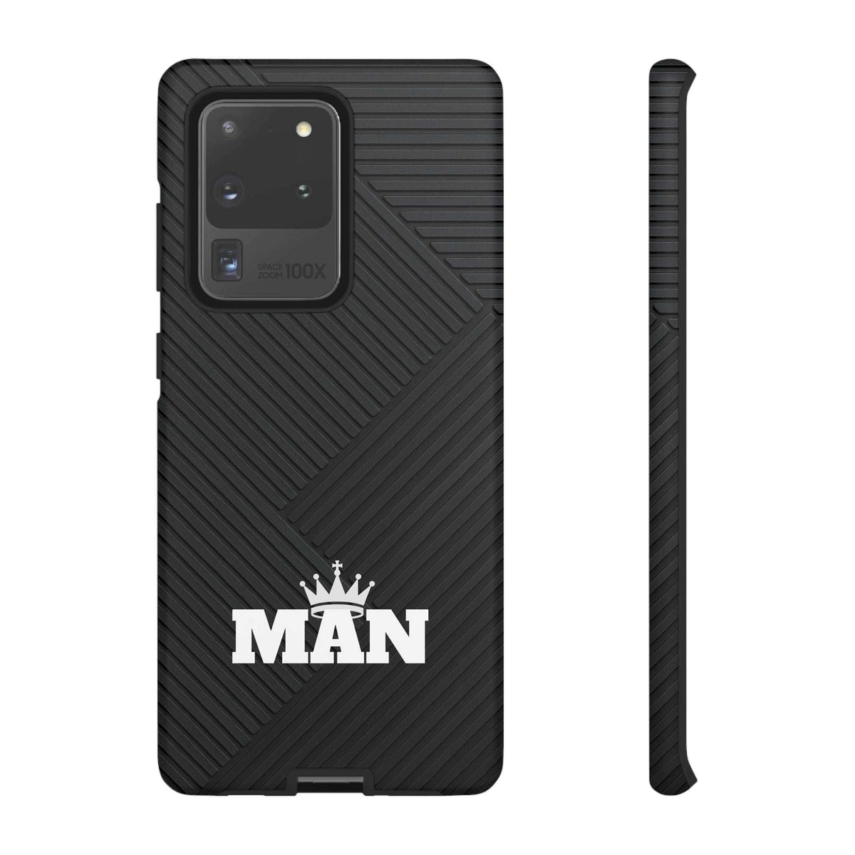 Black MAN logo phone case with textured ridges, camera cutouts, and side profile