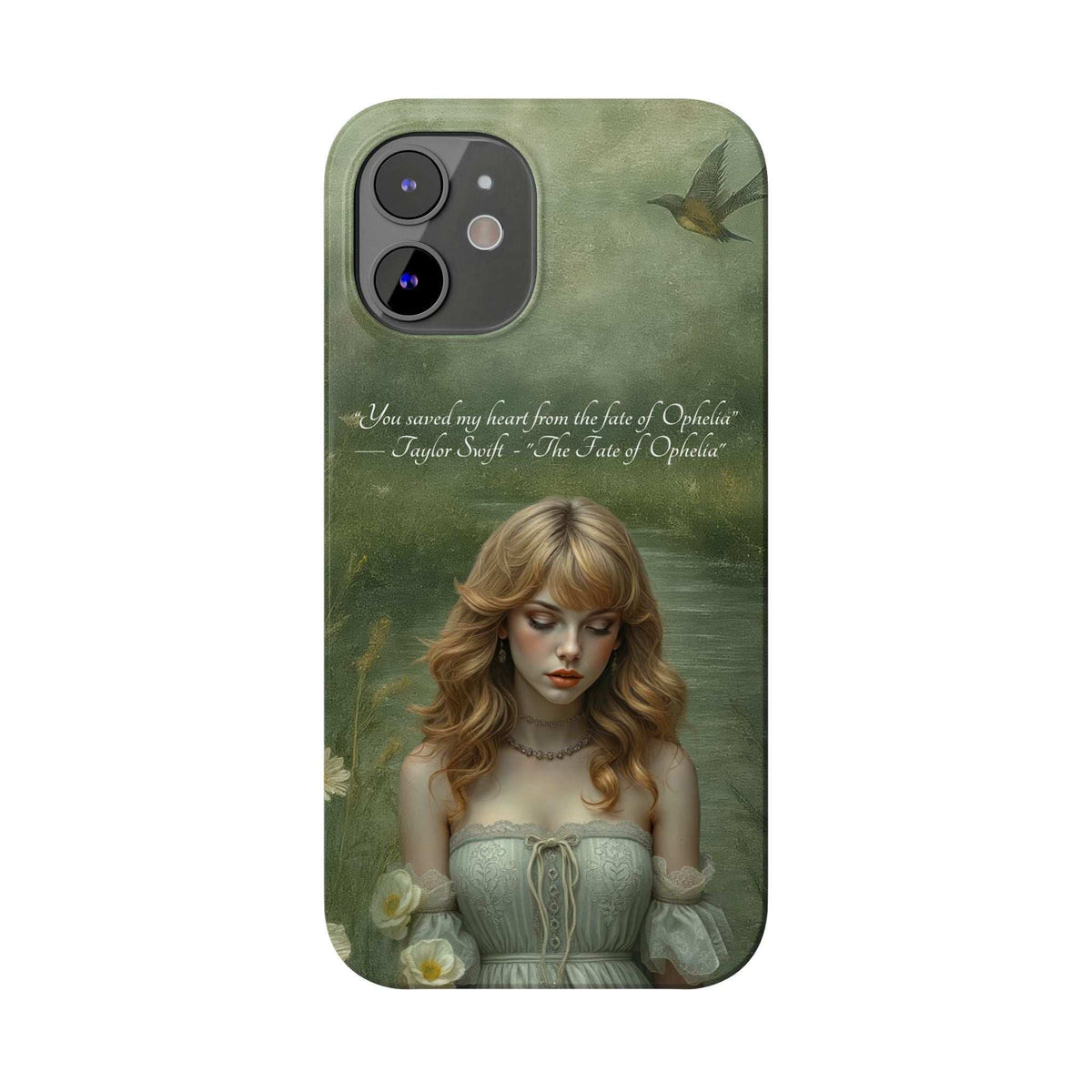 Green phone case with blonde woman portrait, bird motif, and floral details; camera cutouts