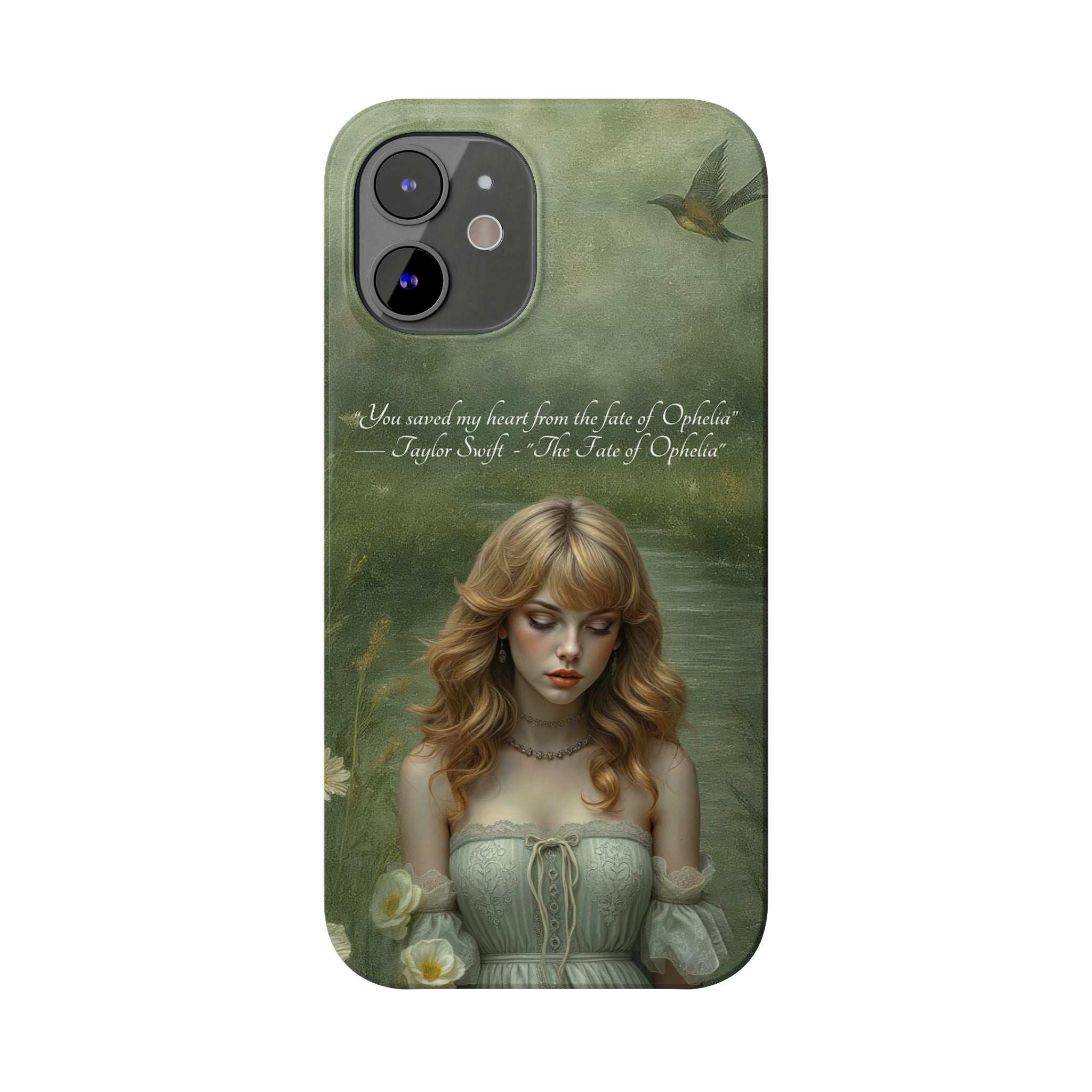 Green phone case with blonde woman portrait, bird motif, and floral details; camera cutouts