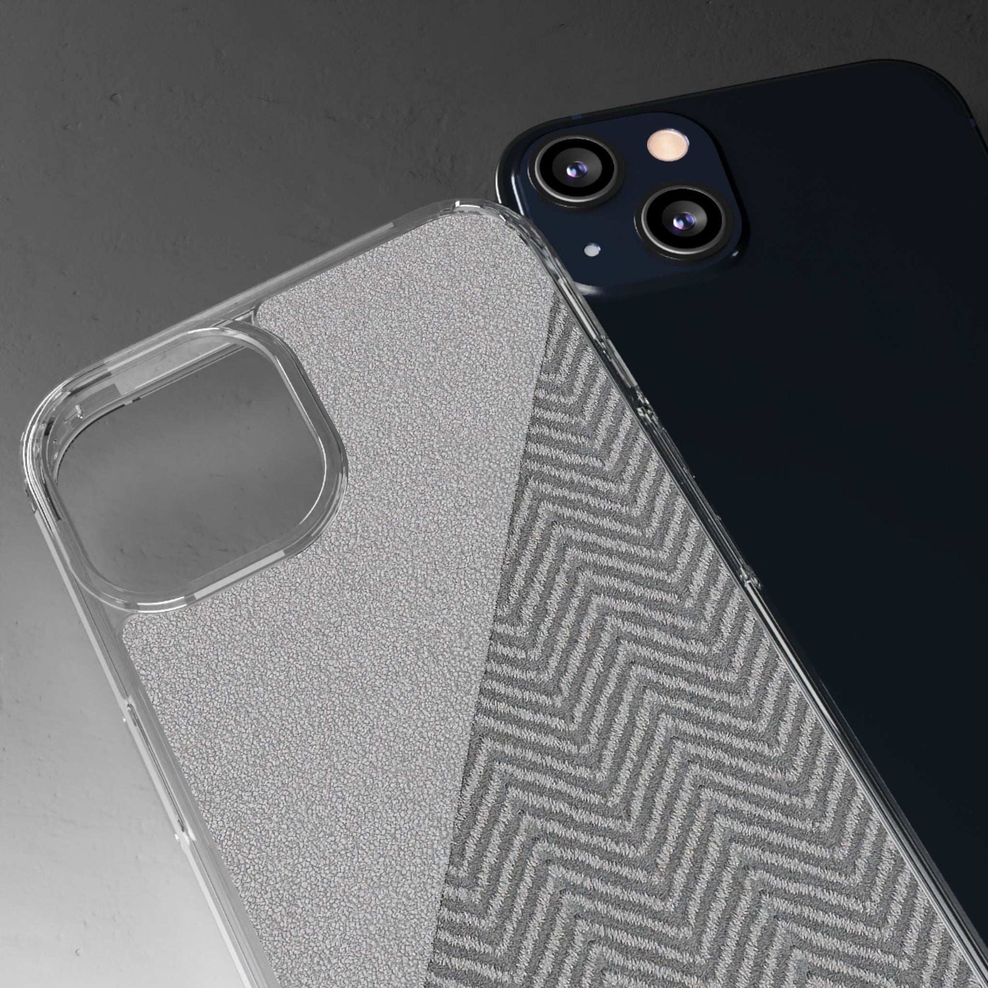 Dark herringbone tough phone case close-up of camera area and chevron texture