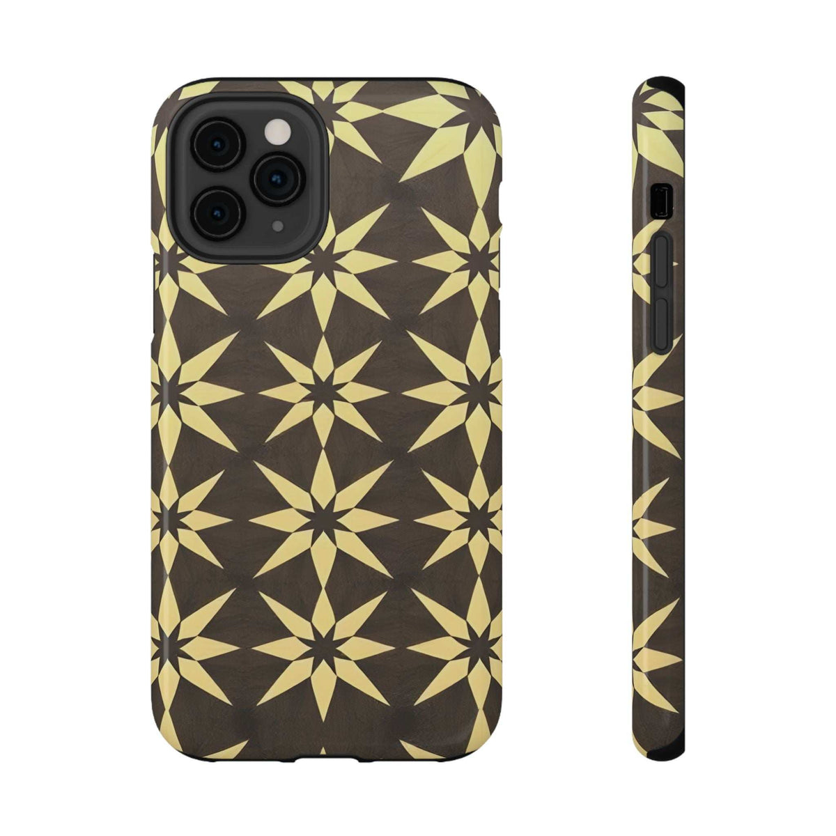 Phone case with gold and black star geometric pattern, raised camera cutouts