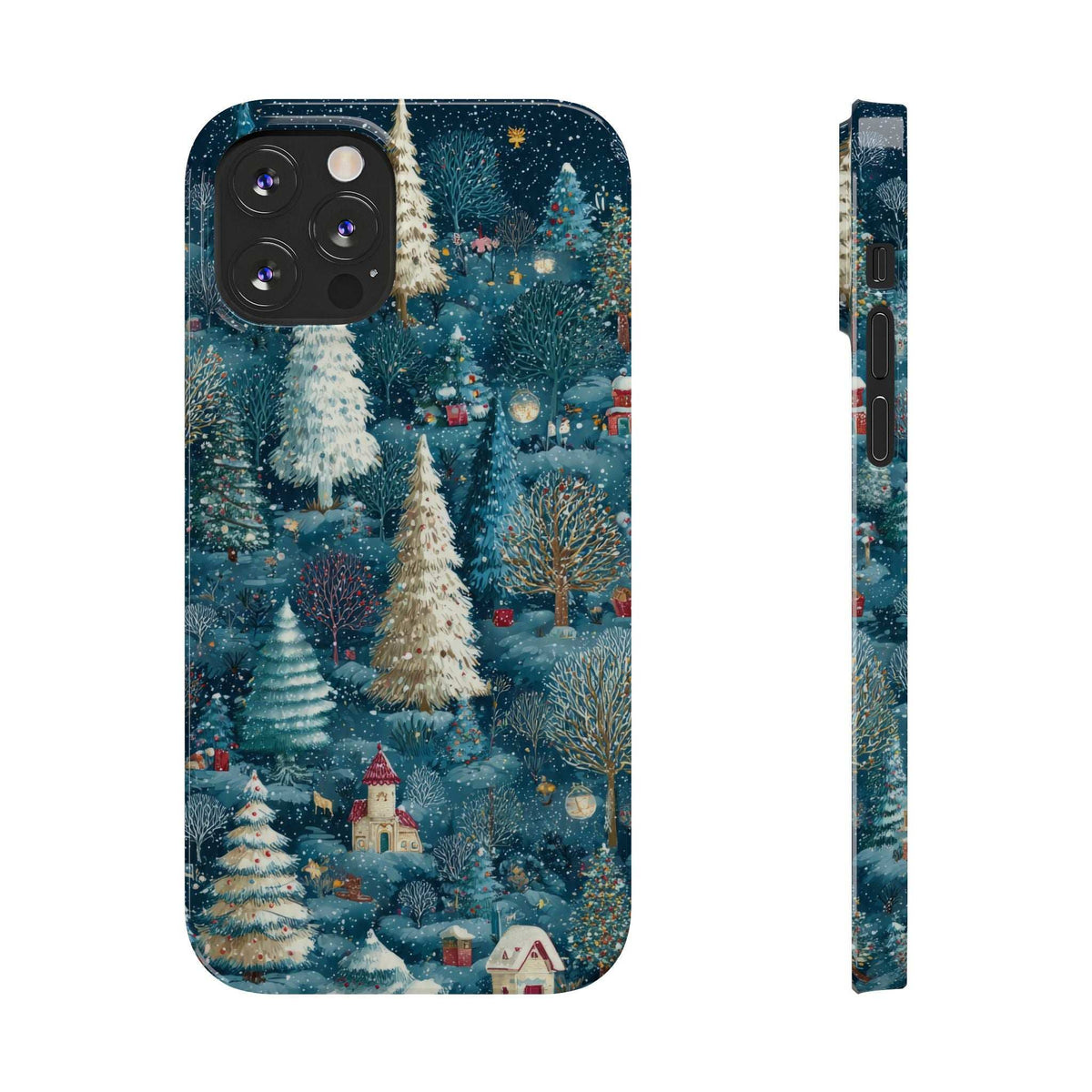Frosty forest phone case with teal snowy landscape; front and side view with camera cutouts