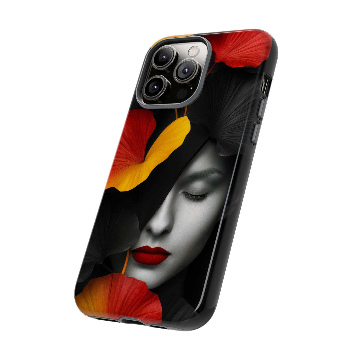 Glossy phone case with black background, red and yellow flowers, and woman face graphic.