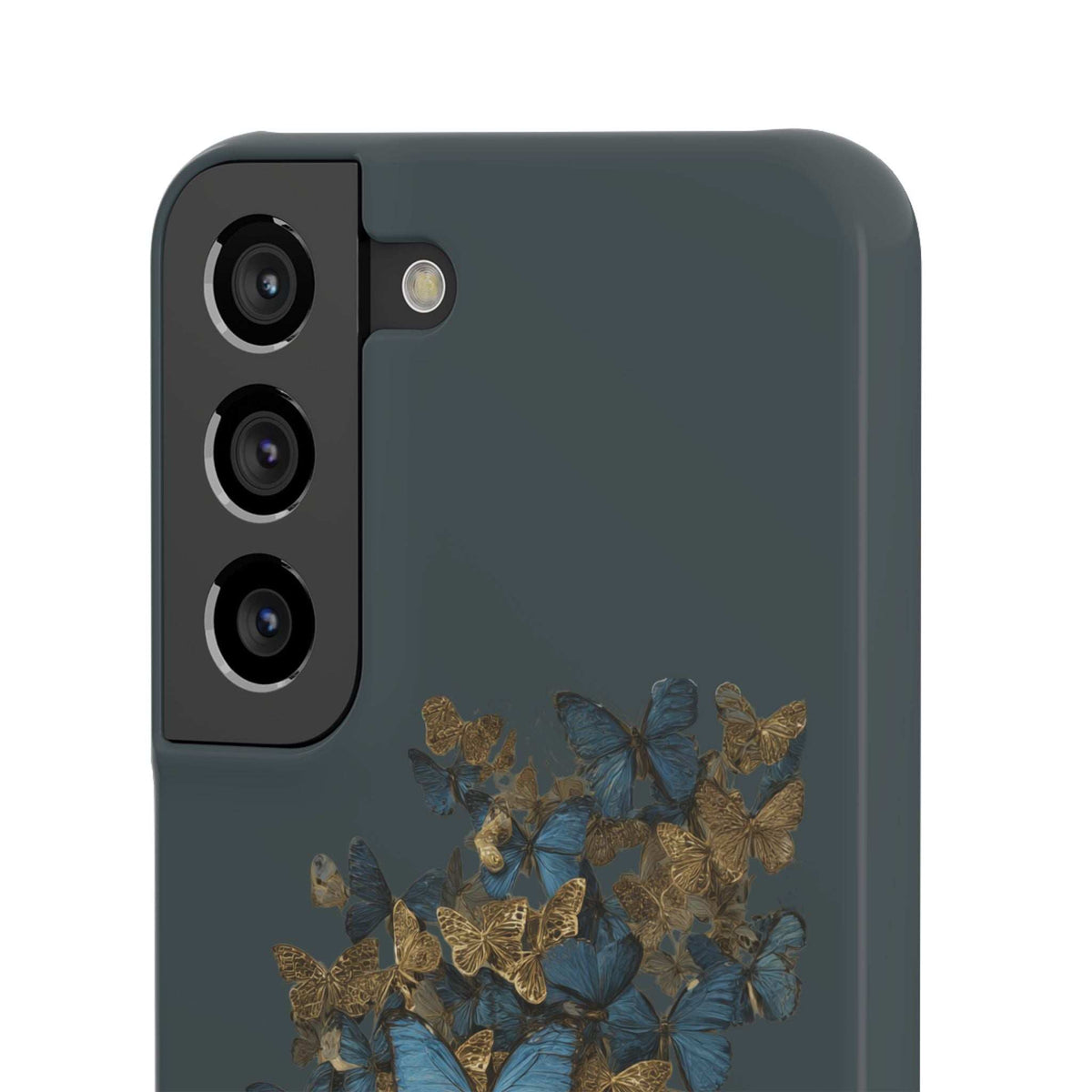Dark gray phone case with top-left camera module and blue-gold butterfly artwork