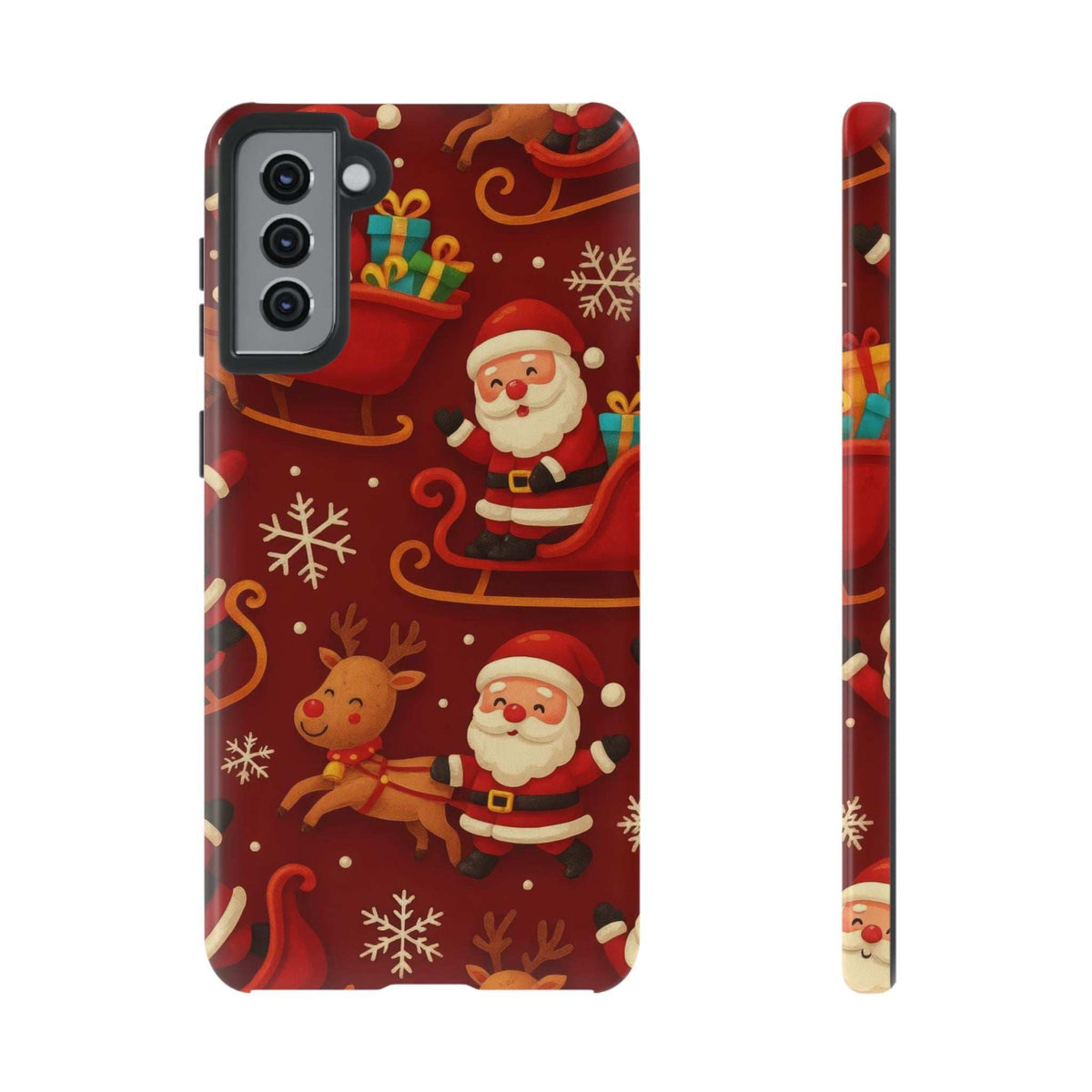 Glossy red Santa sleigh ride phone case with Santa and reindeer; gift on sled, side buttons.