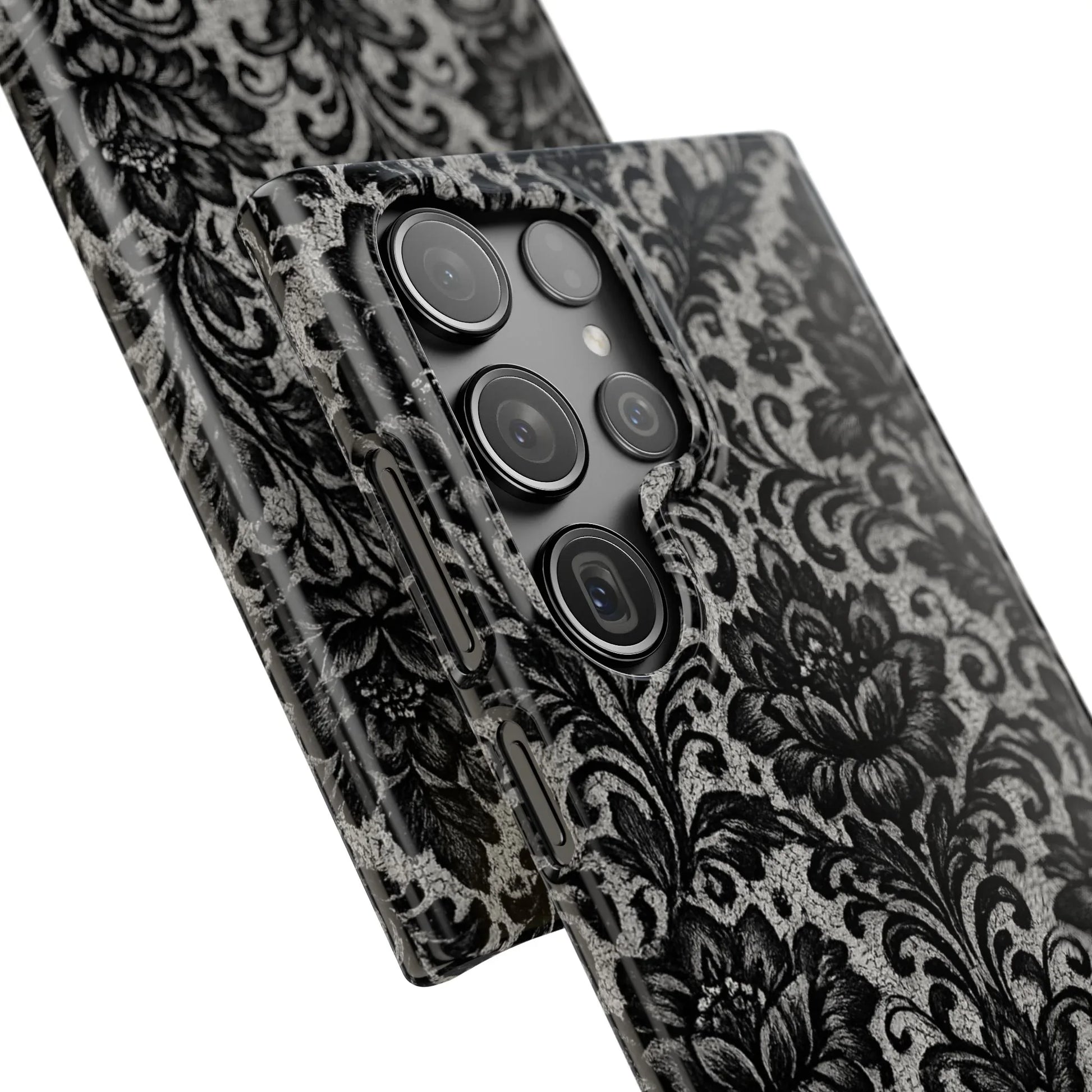 Black Damask Floral Phone Case for iPhone 11-17 and Galaxy S20-S25 - KARARMDESIGN