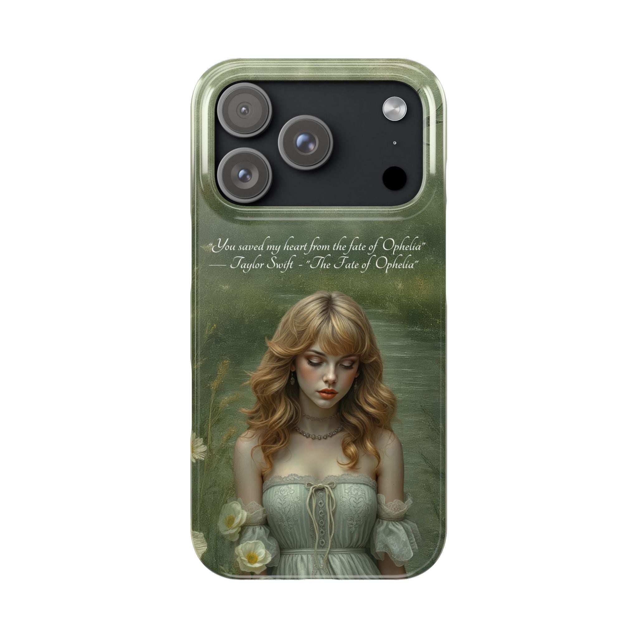 Green phone case with blonde portrait, bird detail, and camera openings.