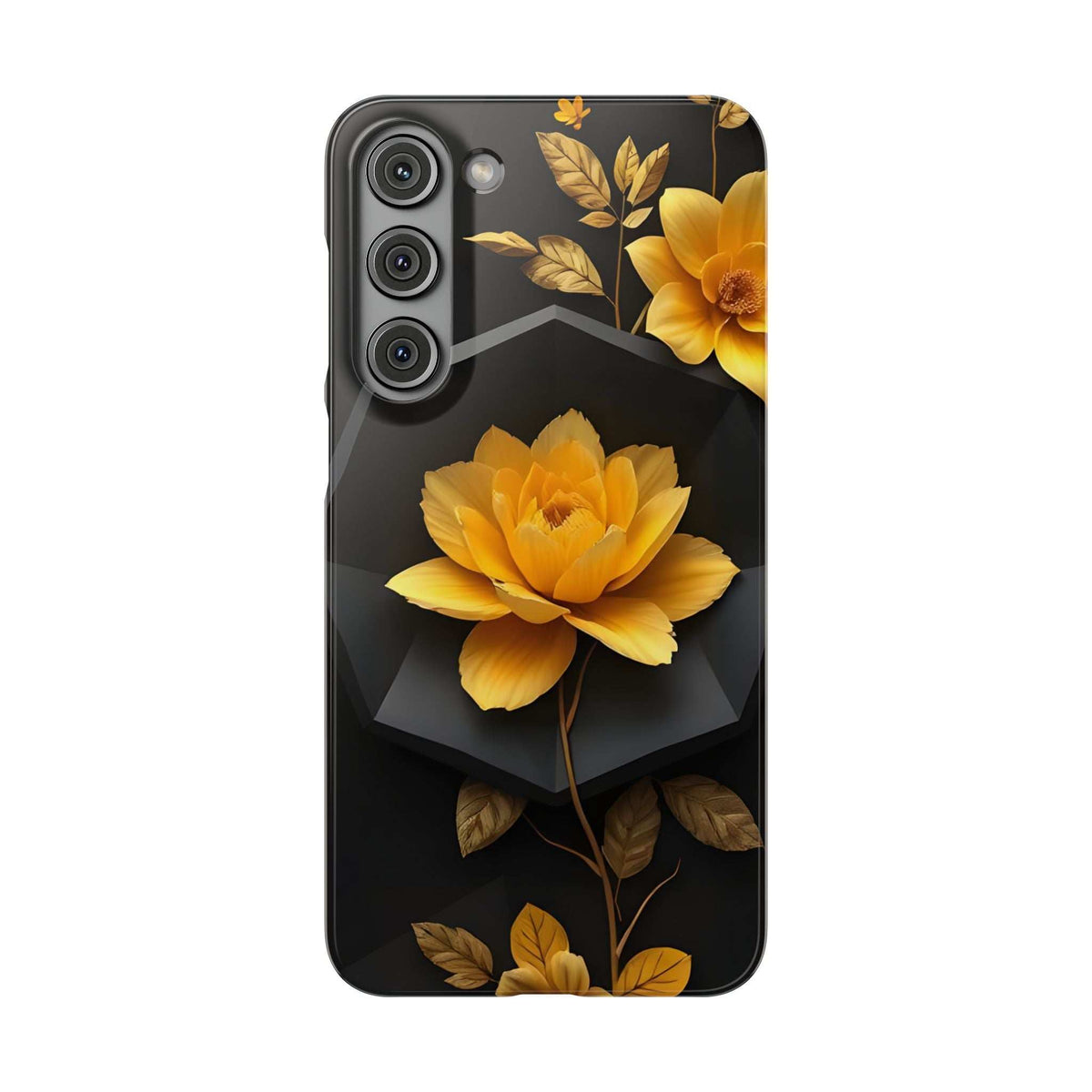 Black phone case with yellow flowers and gold leaves across the back, camera cutouts