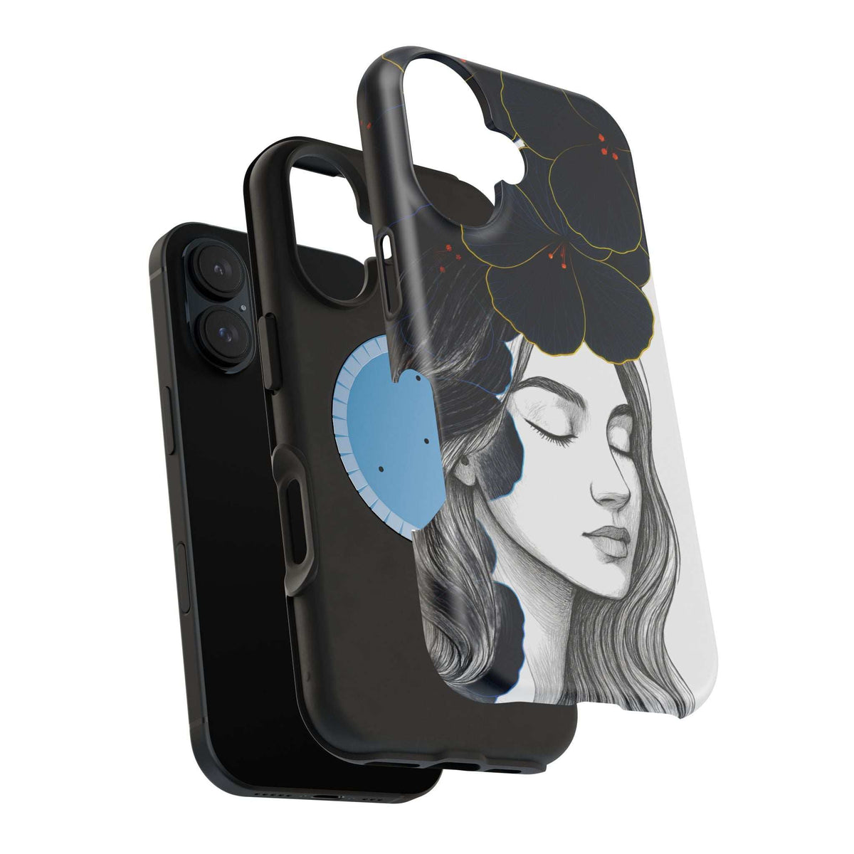 Dark floral phone case angled view showing front edge; woman portrait with navy flower