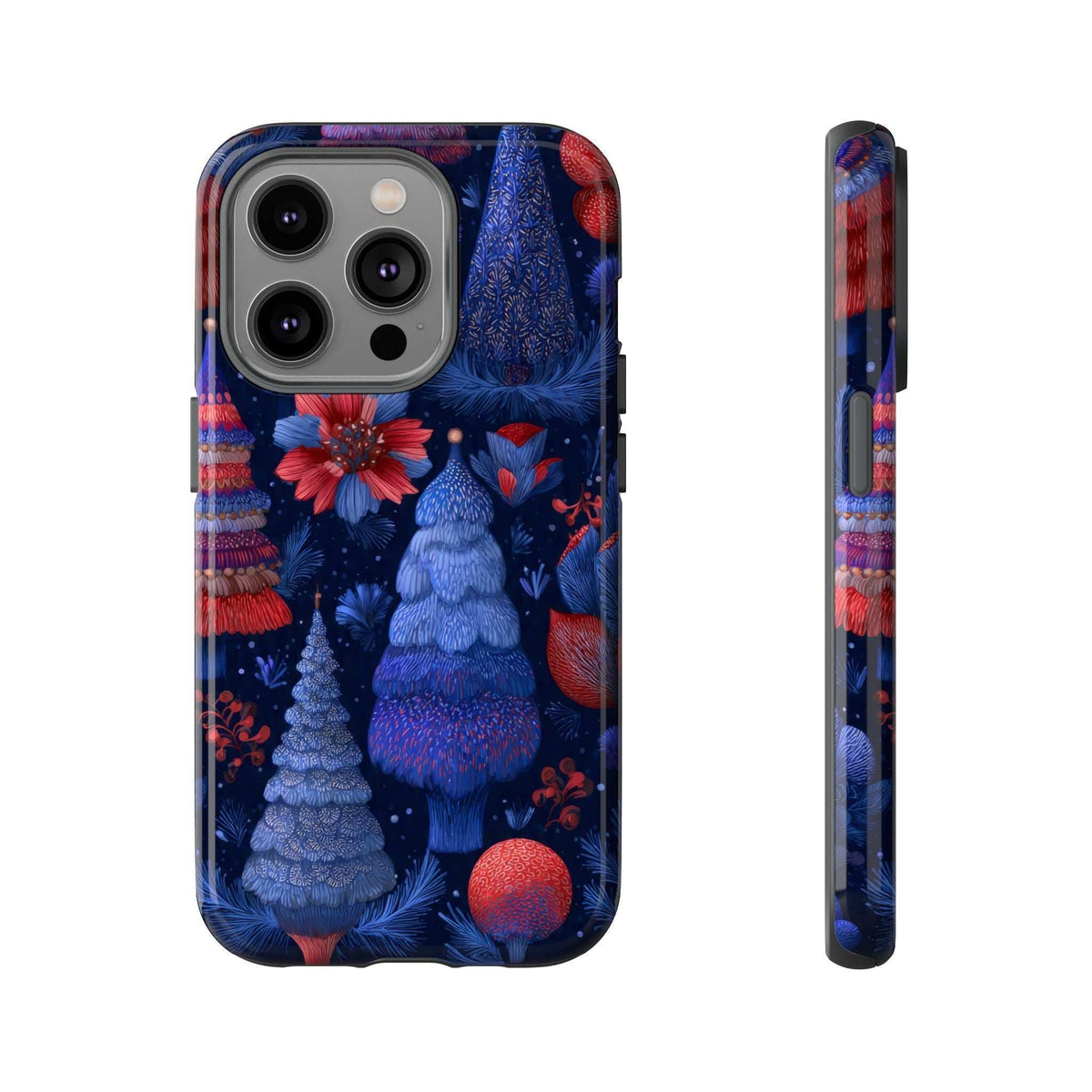 Phone case back and side with midnight blue forest design, red ornaments, and camera openings