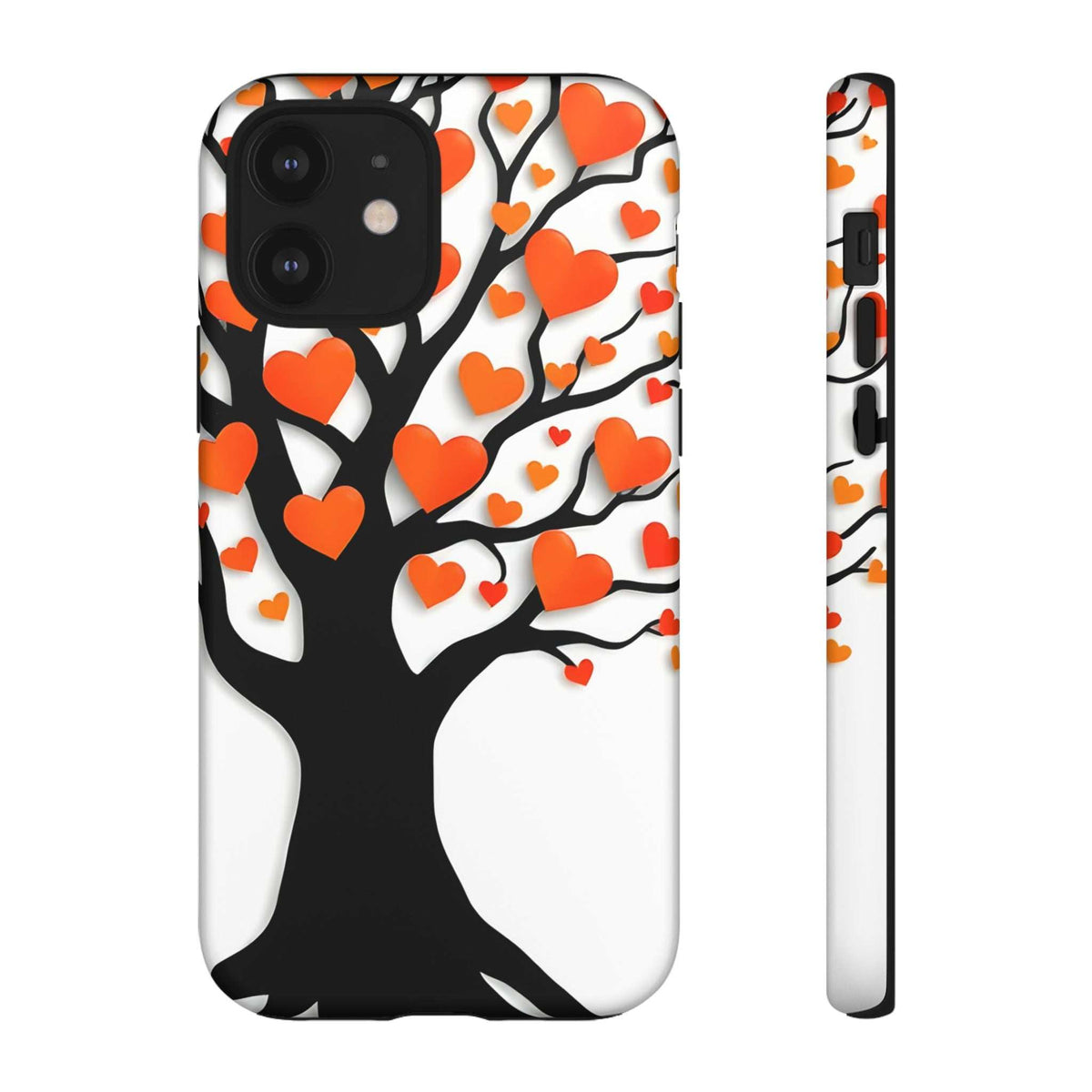Phone case with heart tree artwork in black, orange, and red hearts on white; side profile