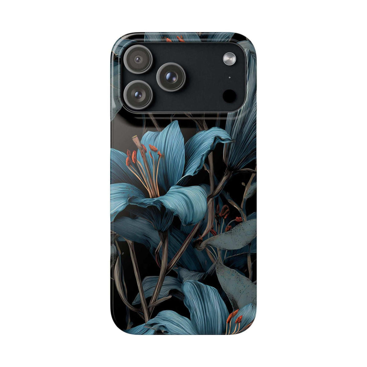 Blue botanical phone case with three camera lenses and teal floral leaves near top