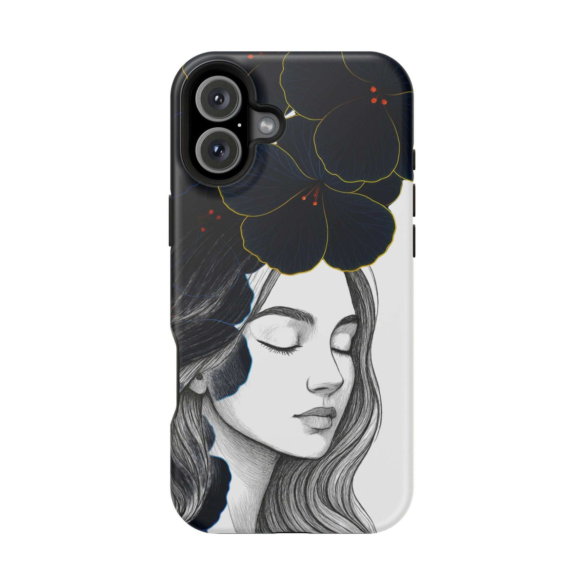Dark floral phone case featuring a woman portrait in grayscale with blue floral elements