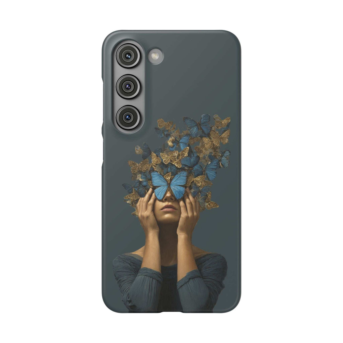 Dark gray phone case with blue butterfly and gold wing collage, camera lens cutouts