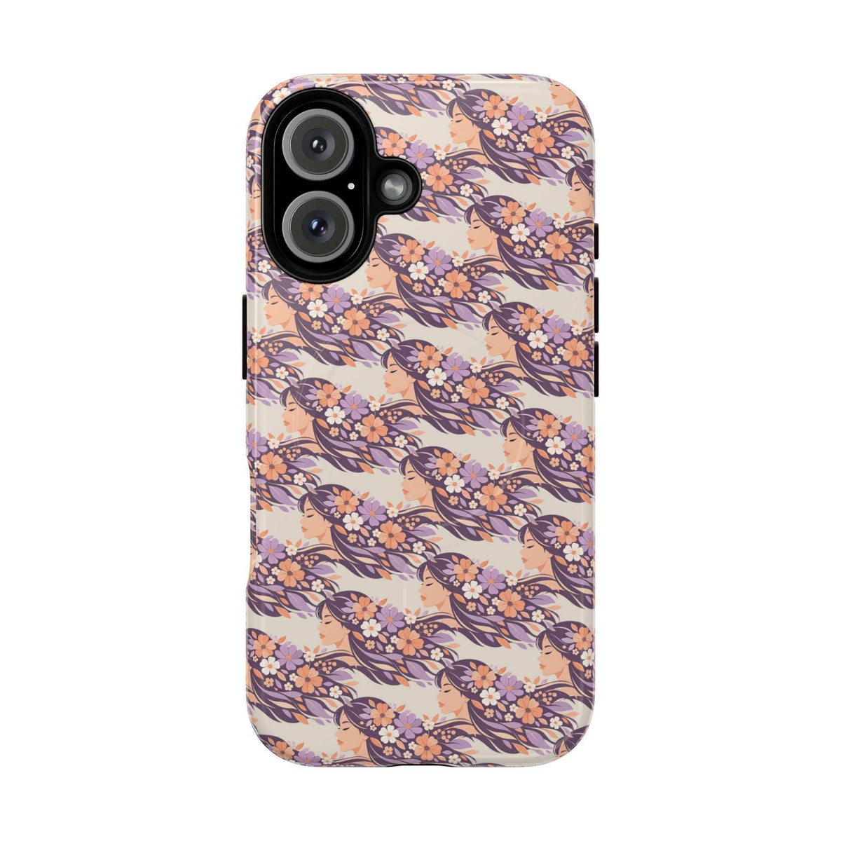 Floral phone case with blossom pattern and raised camera area, front view