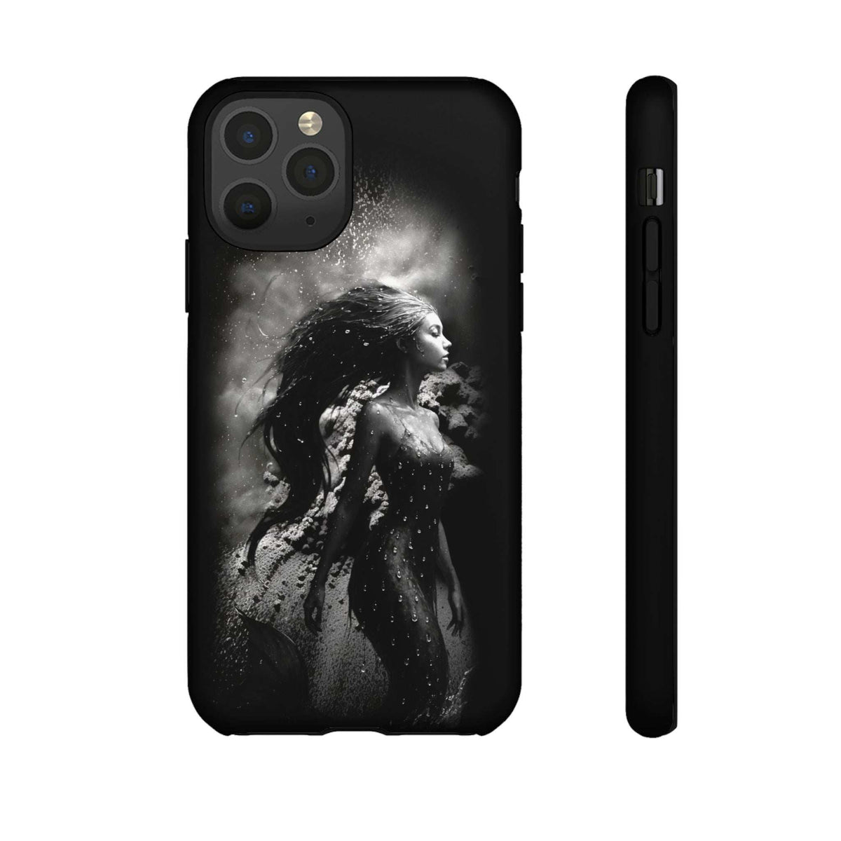 Black phone case with monochrome mermaid portrait on back and side access cutouts
