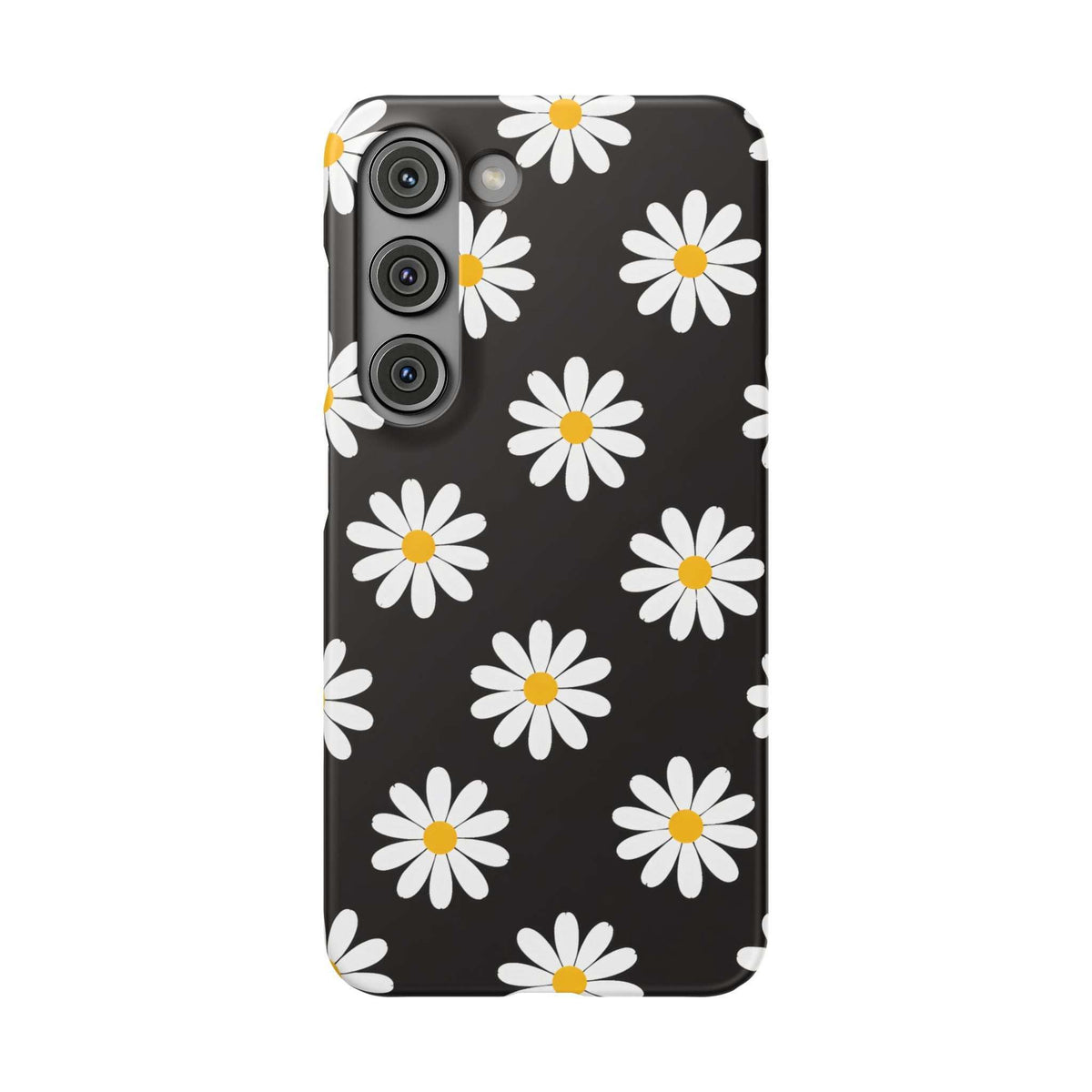 Black daisy phone case with white flowers and yellow centers; camera cutout at upper left.