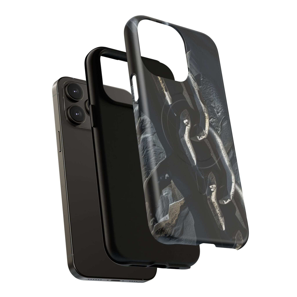Protective phone case with dark border and clear panel; metallic chain artwork across the back.