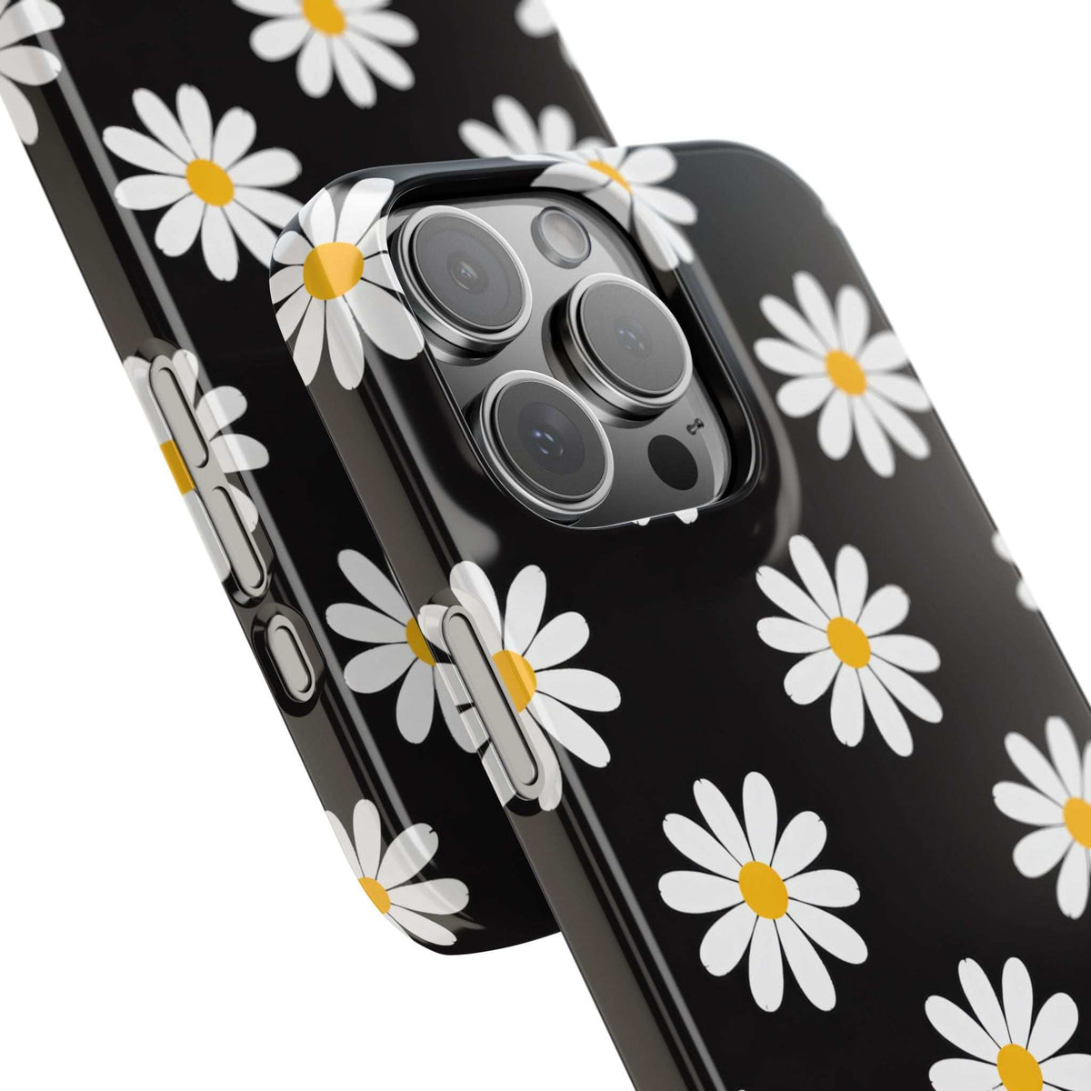 Daisy charm phone case with black background, white and yellow flowers, camera cutout.