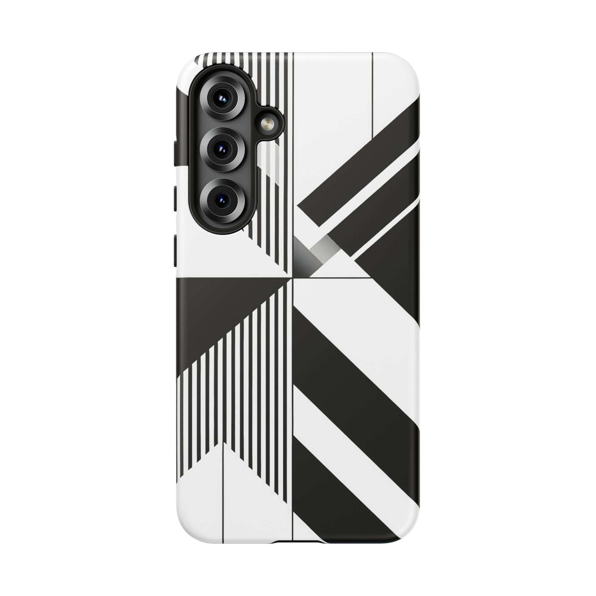 Tough phone case with black-and-white diagonal stripe design and raised camera frame.