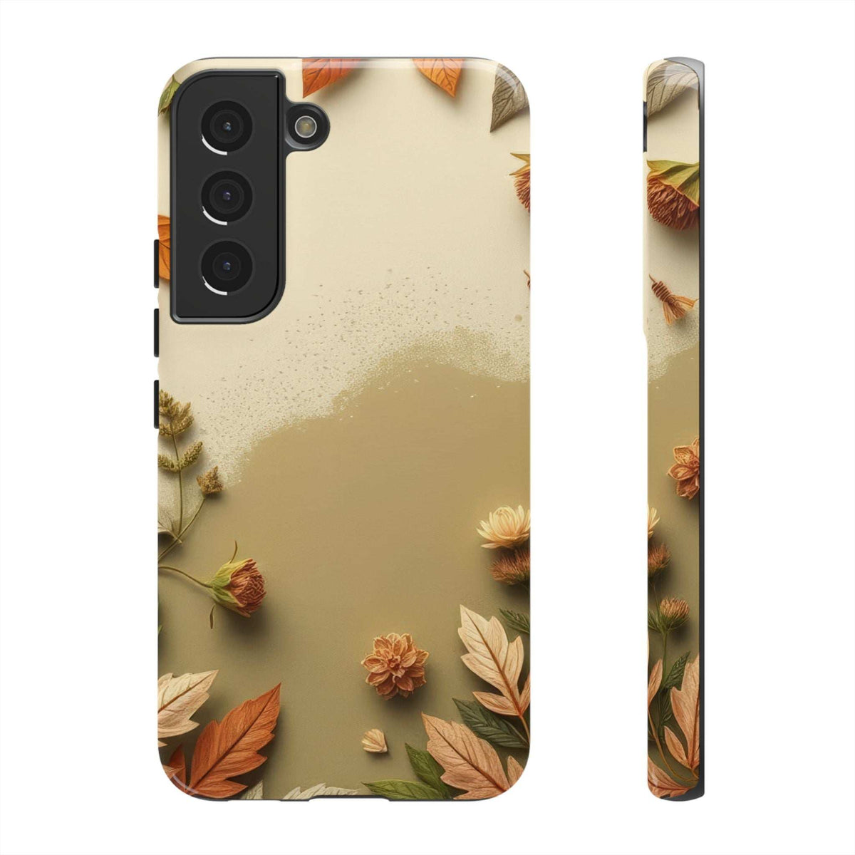 Phone case with autumn leaves design and rear camera cutout, shown with side profile