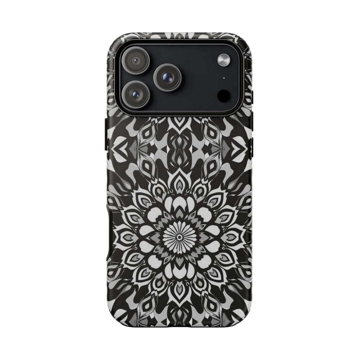 Phone case with black-and-white mandala print, triple camera cutouts and flash