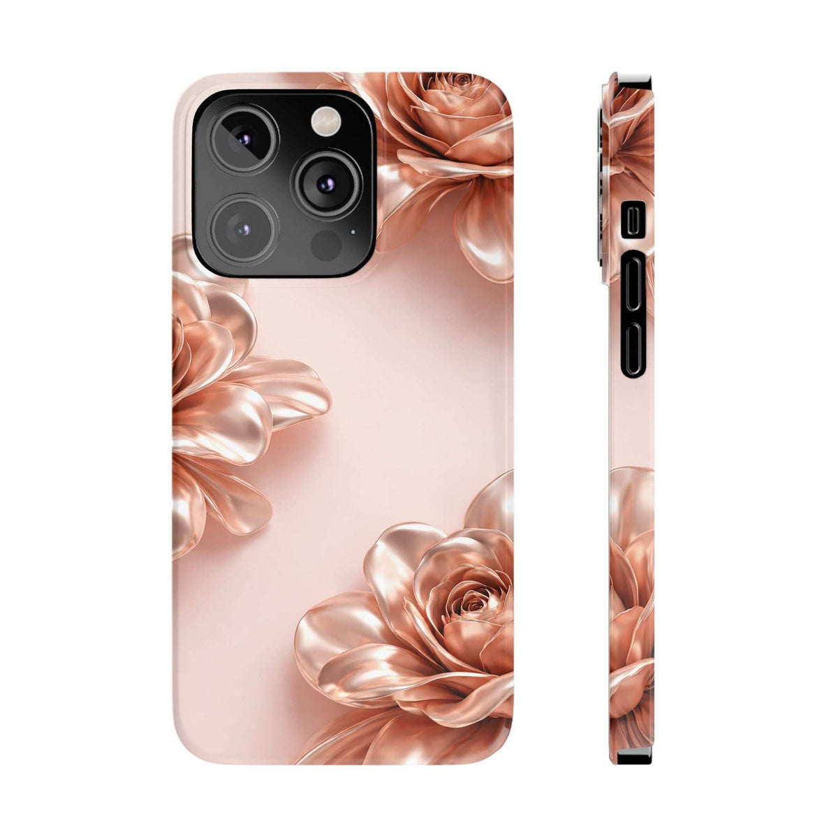 Blush pink phone case featuring metallic rose flowers with raised camera area