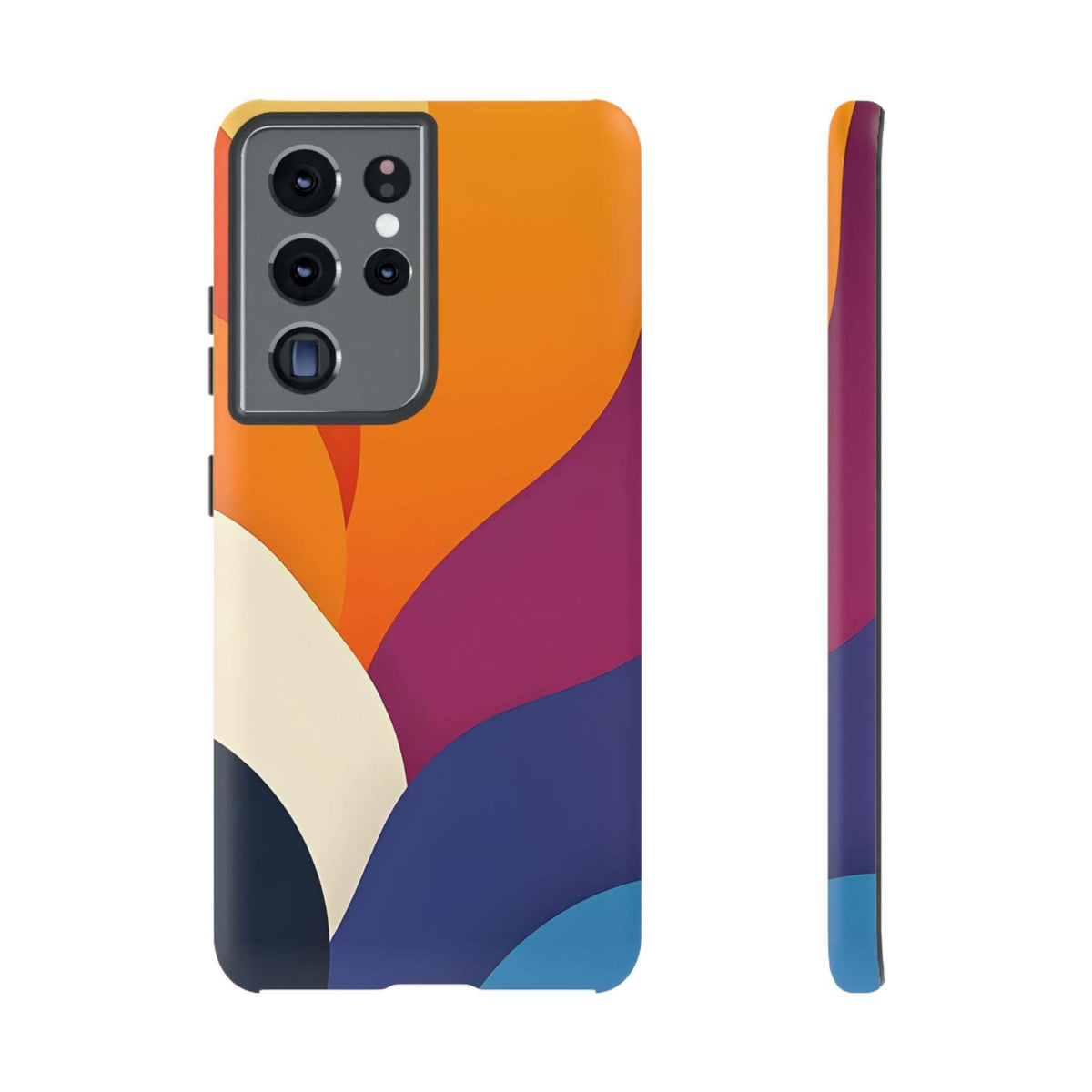 Phone case with abstract orange, magenta, and navy waves; quad-camera cutout.