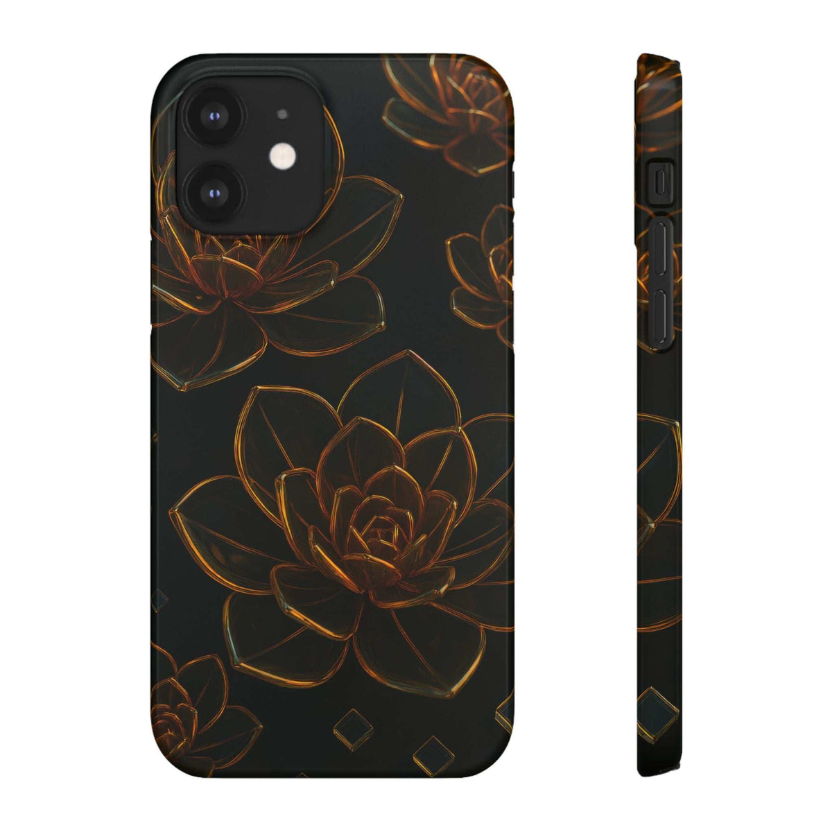 Glossy glass flower phone case with orange succulent line-art on black; side profile