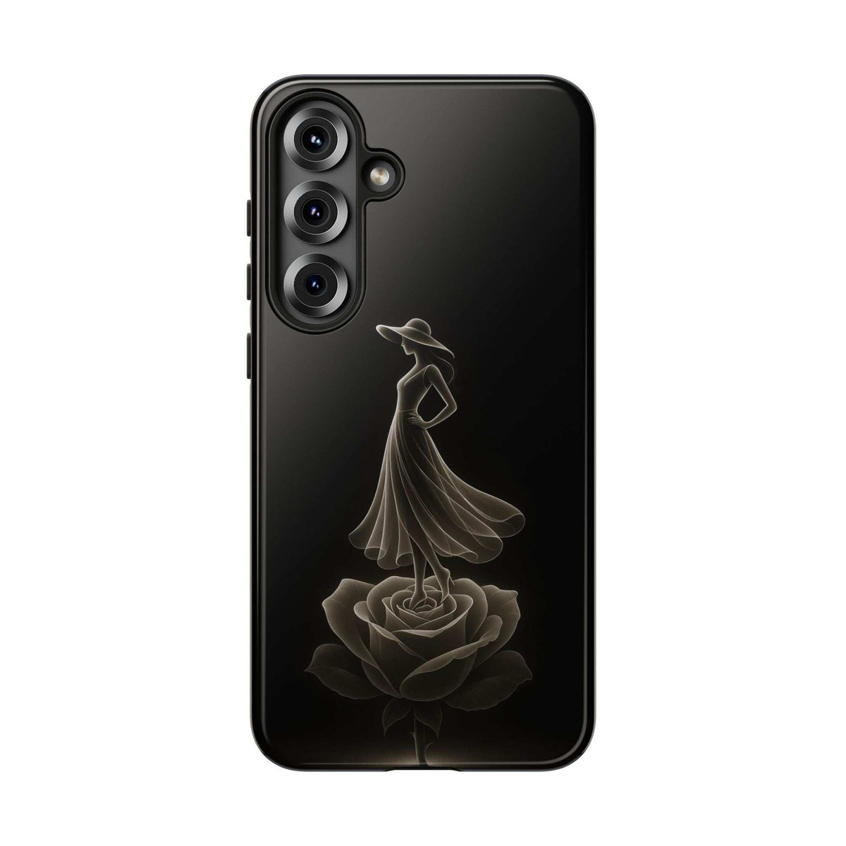 Glossy black phone case featuring ballerina and rose line art, minimal design