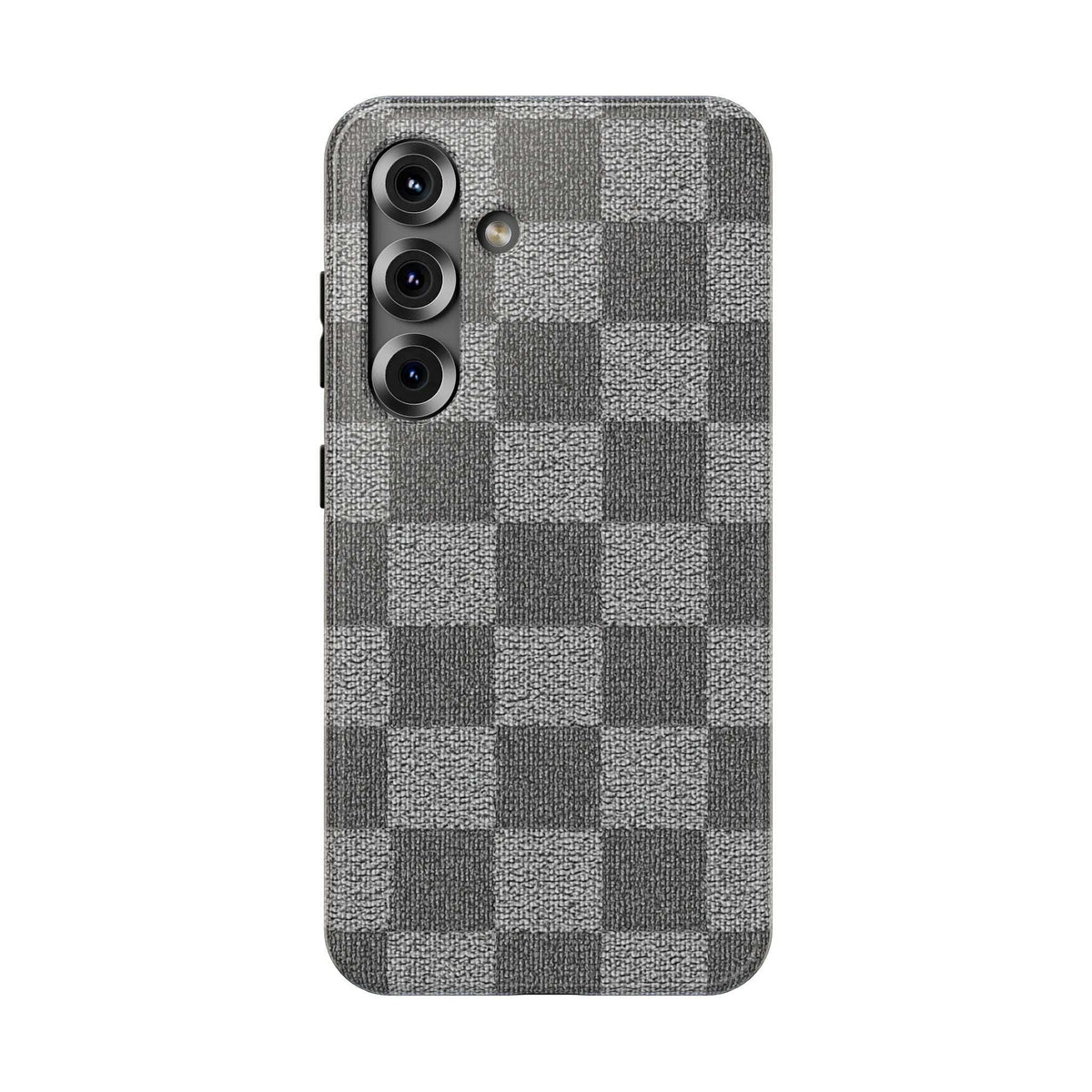 Gray checkered phone case with textured fabric and camera cutouts for multi-lens phones.