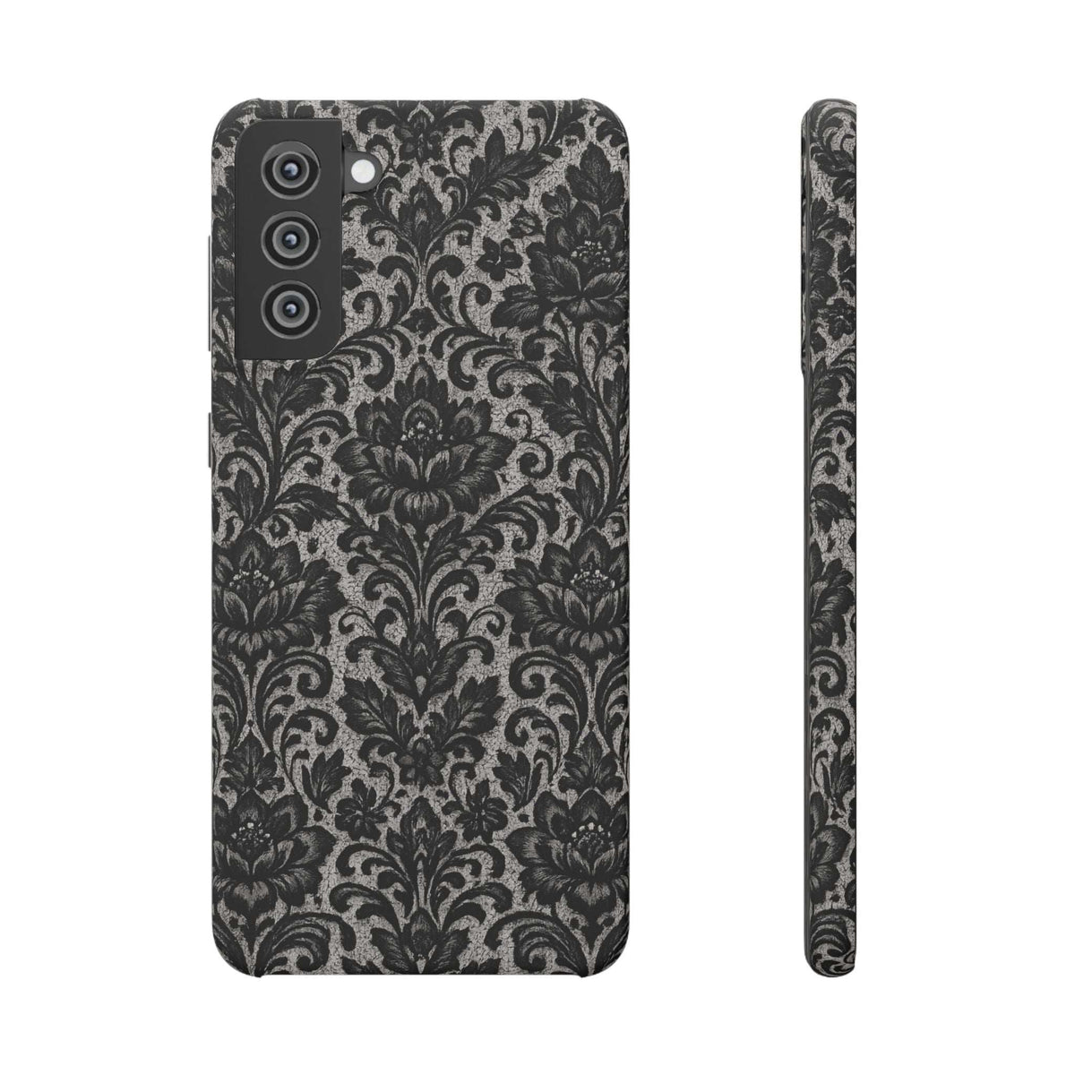 Black damask floral phone case, triple camera cutout; centered pattern back