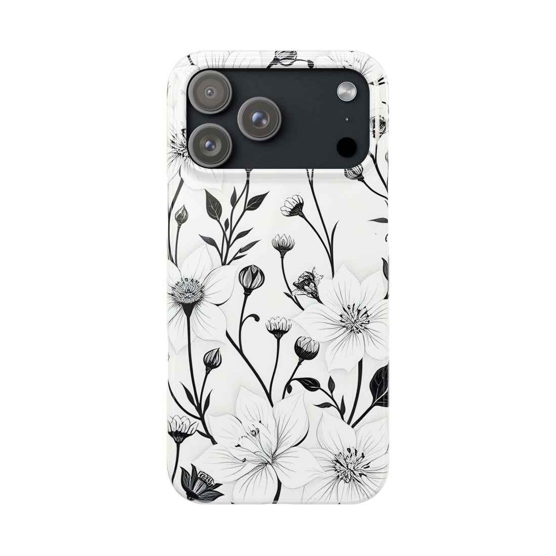 Phone case with black camera cutouts and monochrome white floral line art