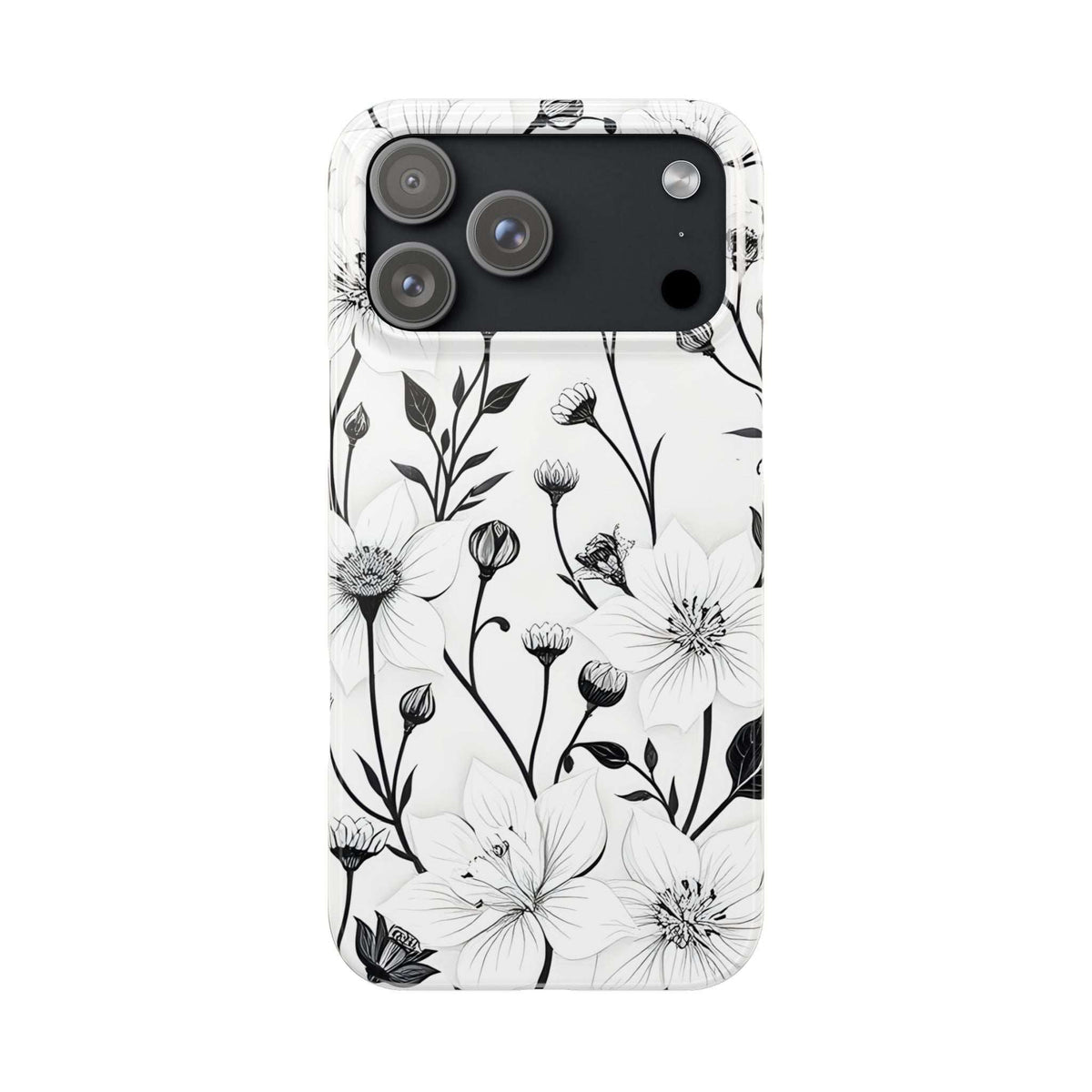 Phone case with black camera cutouts and monochrome white floral line art