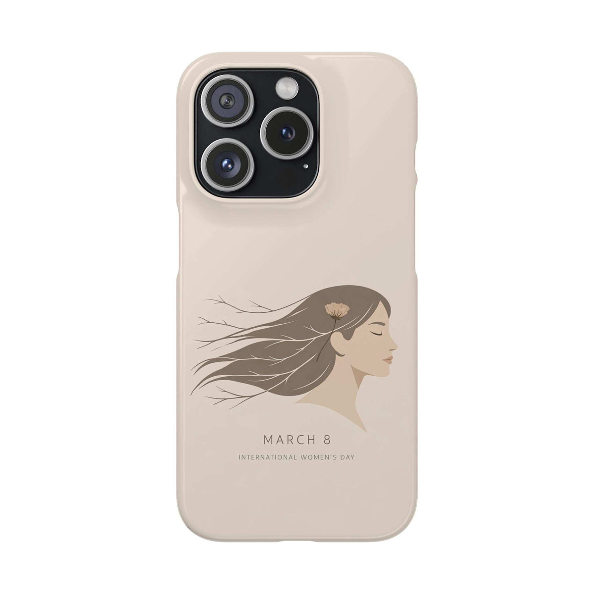 Beige phone case with woman profile graphic and March 8 text; black camera cutout