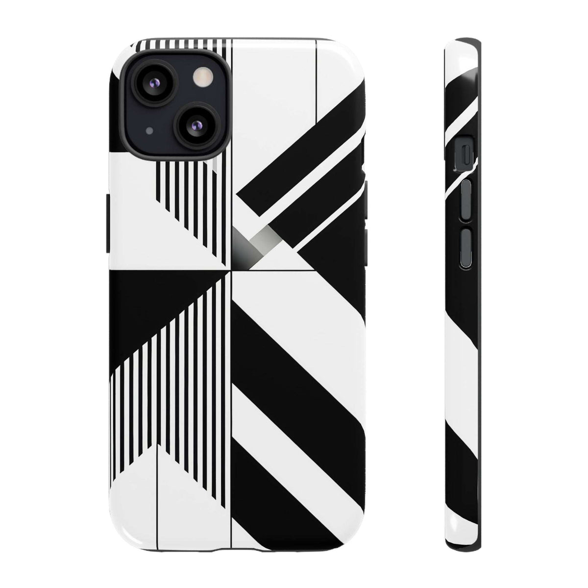 Monochrome tough phone case, geometric stripes pattern, back and side with button cutouts