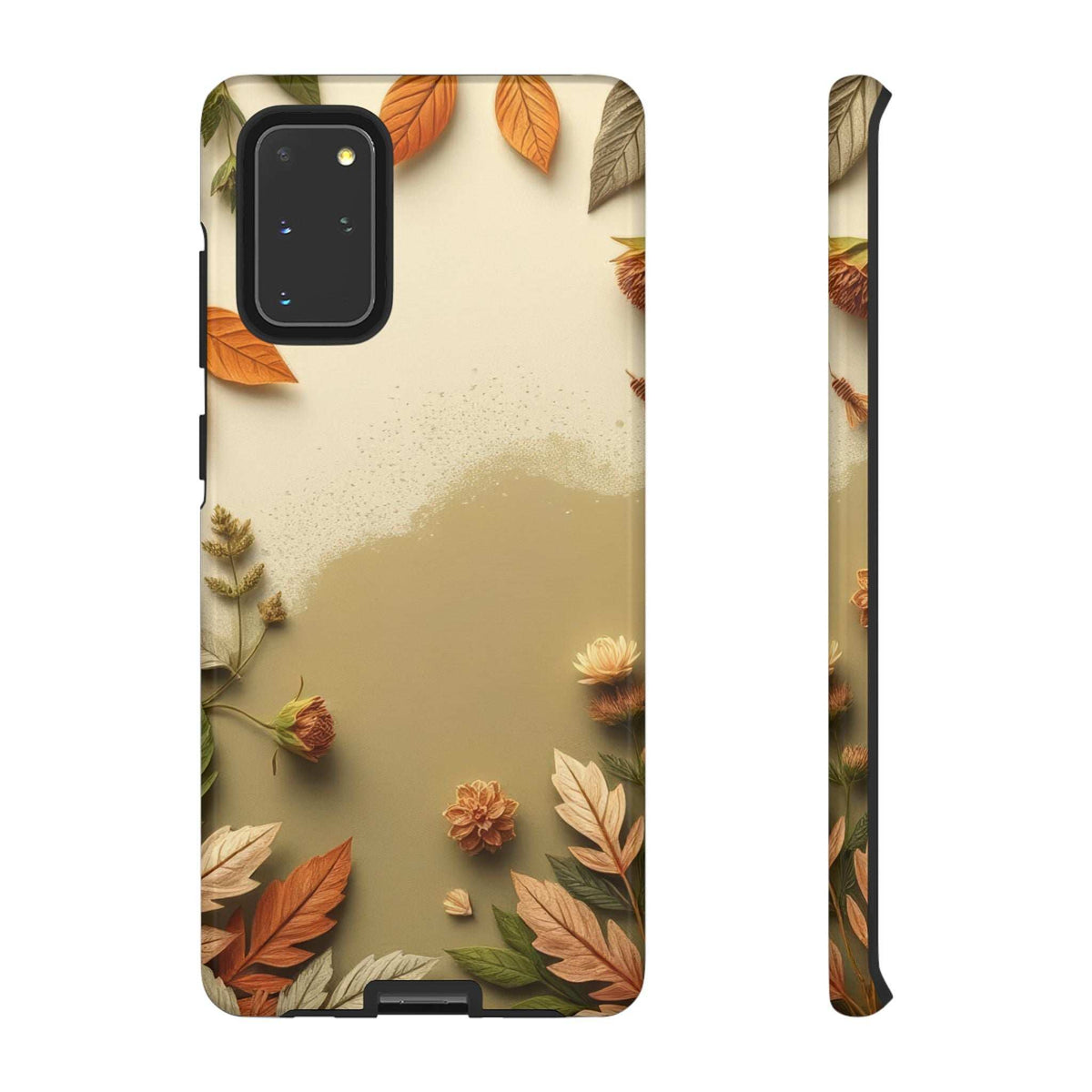 Autumn leaf phone case with beige backdrop and scattered leaves, front camera cutout