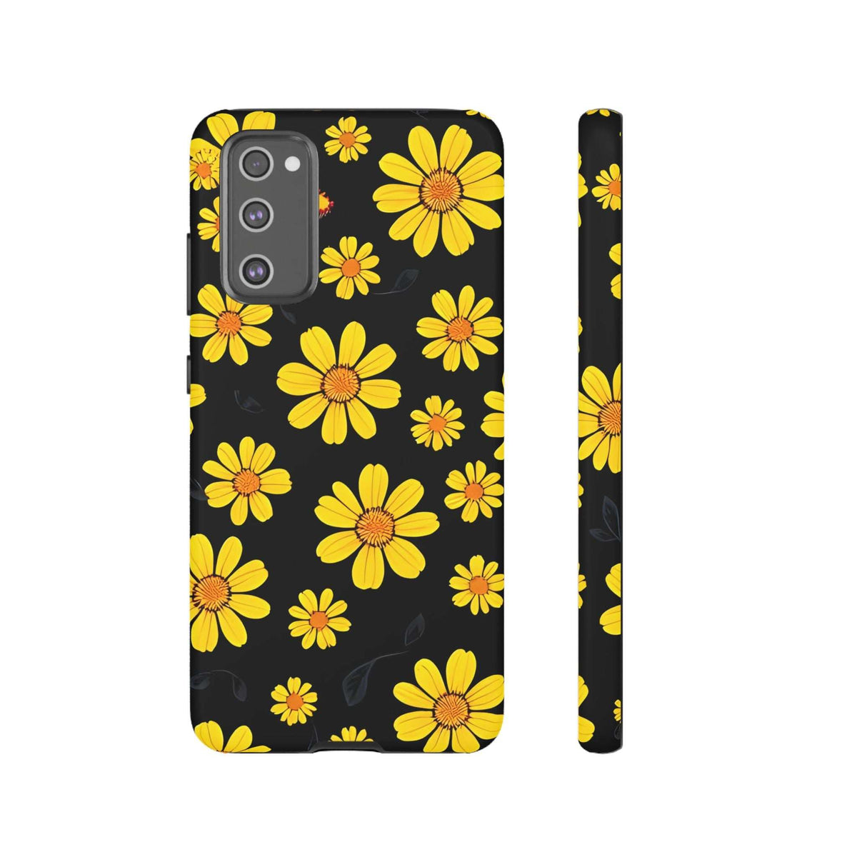 Phone case with black background and yellow daisy floral pattern, rear camera module and side view