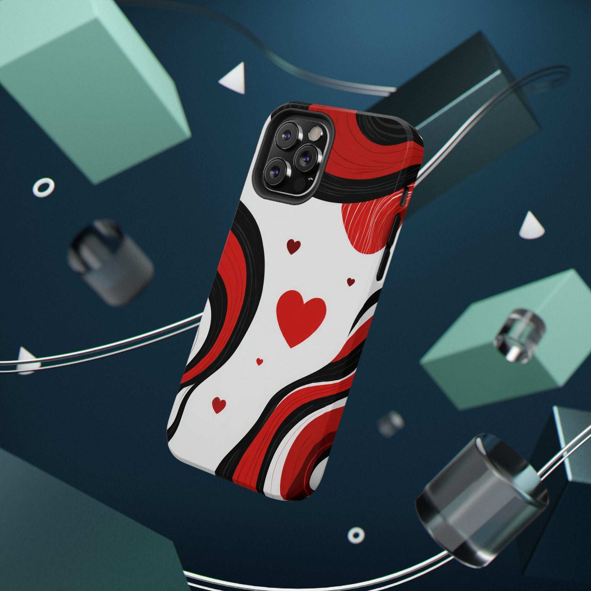 Back view of red, black, and white swirl heart phone case with triple camera cutouts