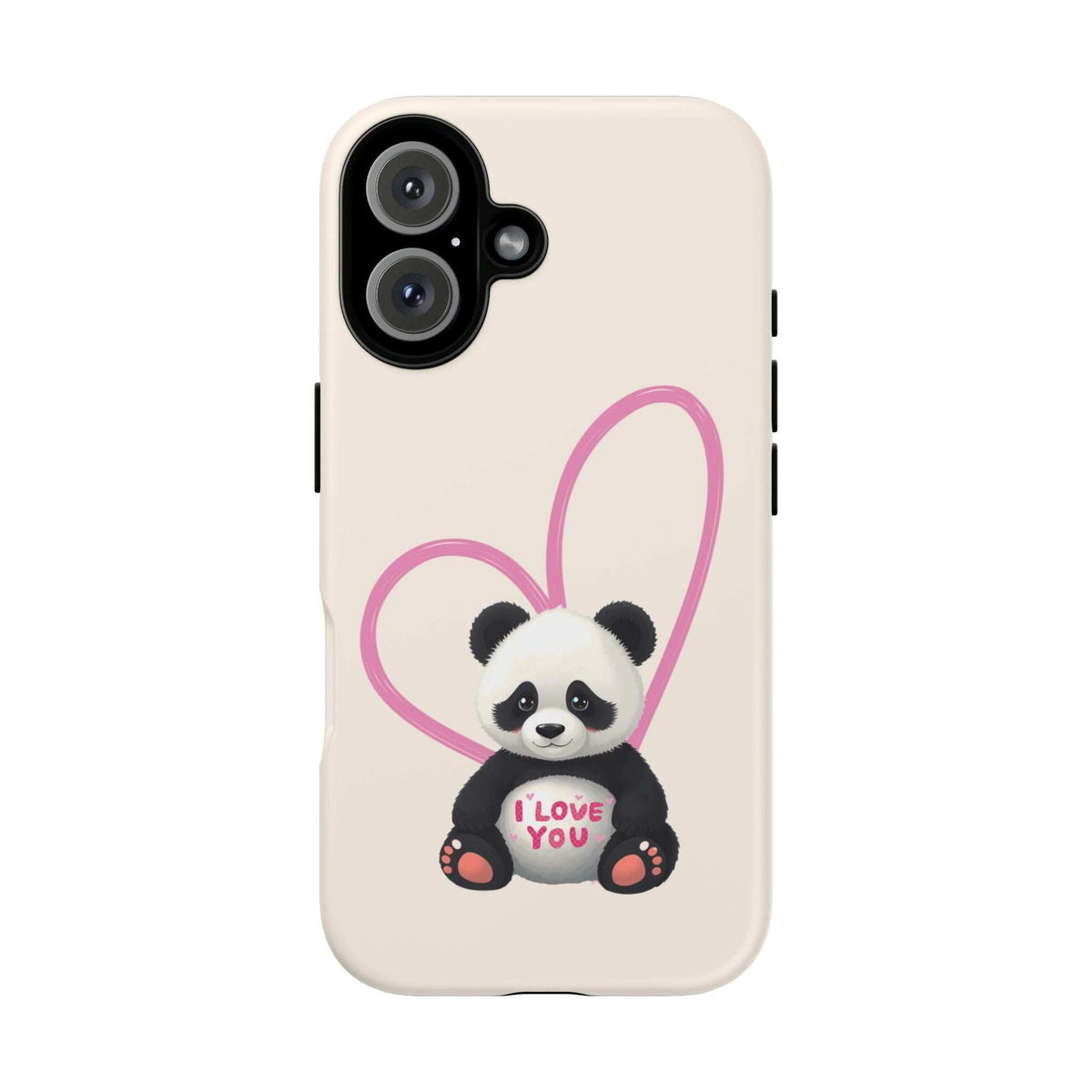 Beige phone case featuring a panda and 'I love you' text inside a pink heart outline