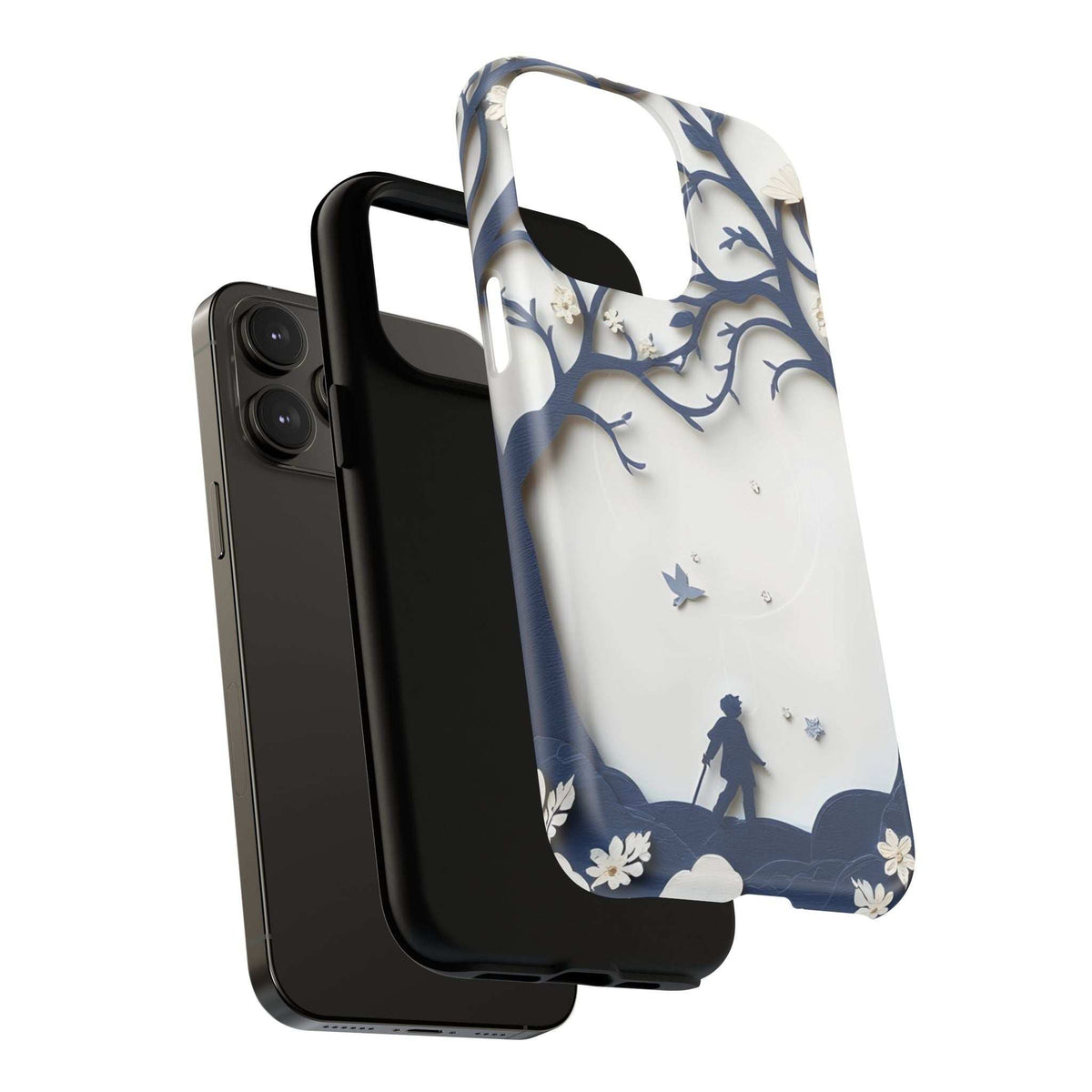 Phone case featuring a blue silhouette person in a night-sky nature scene