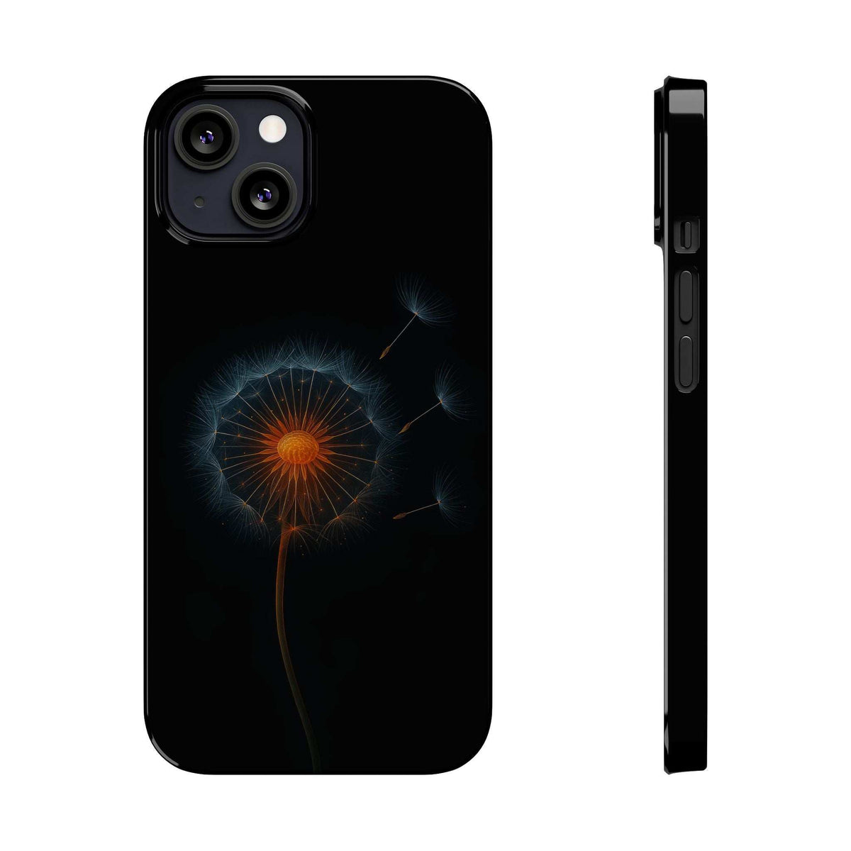 Black phone case with glowing dandelion design and camera cutouts, plus side profile